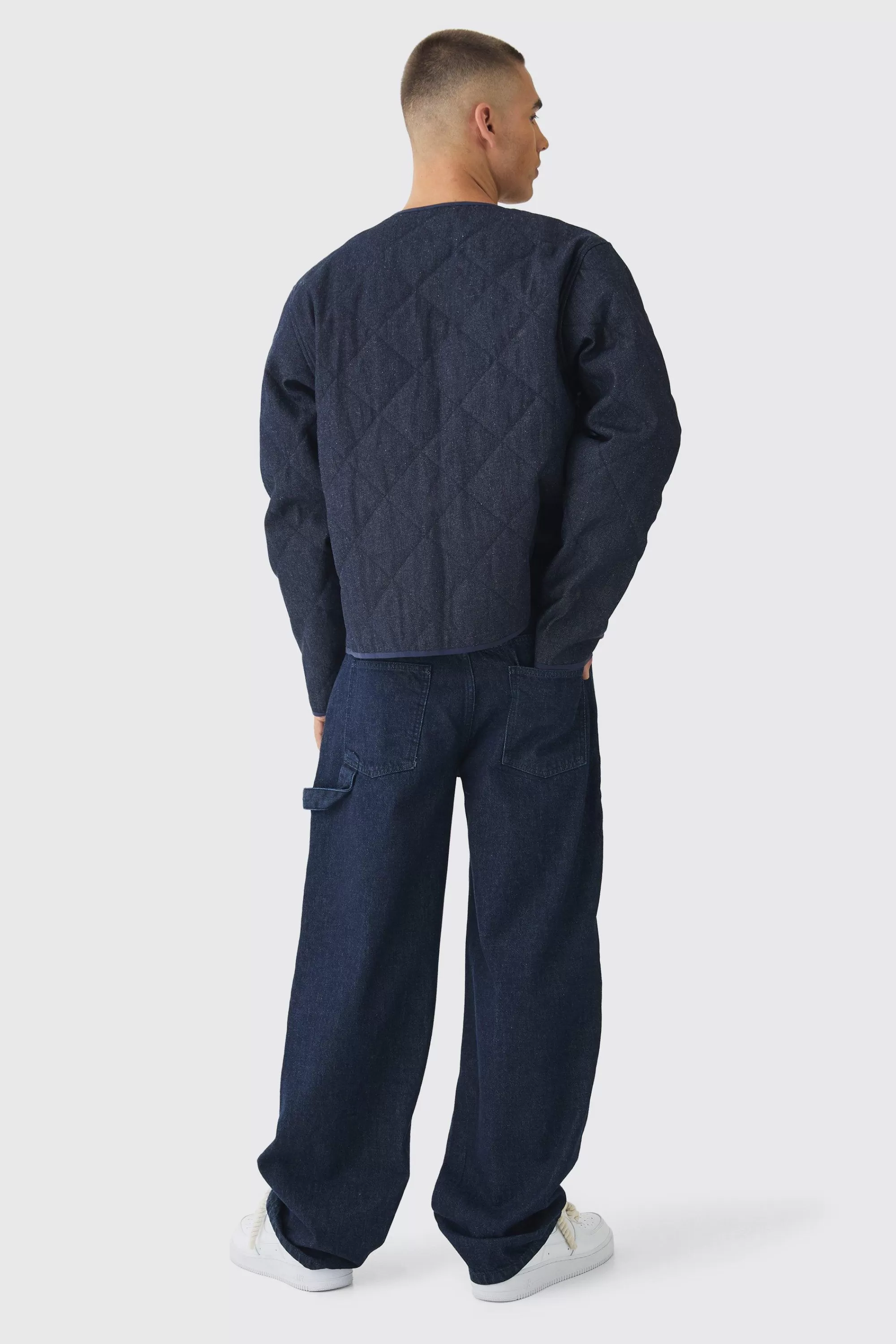 boohooMAN Boxy Fit Quilted Collarless Denim Jacket | UK