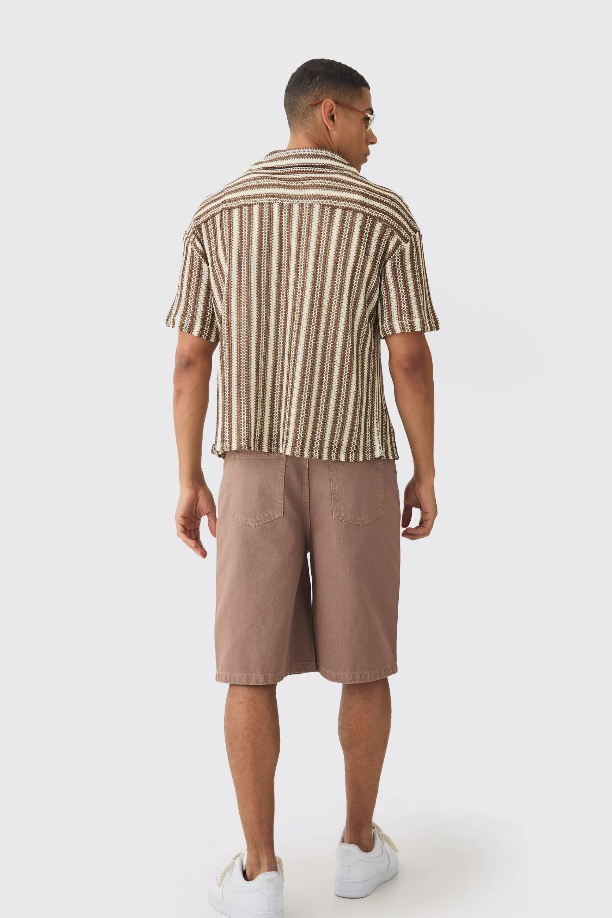 boohooMAN Boxy Fit Revere Open Weave Stripe Shirt | UK