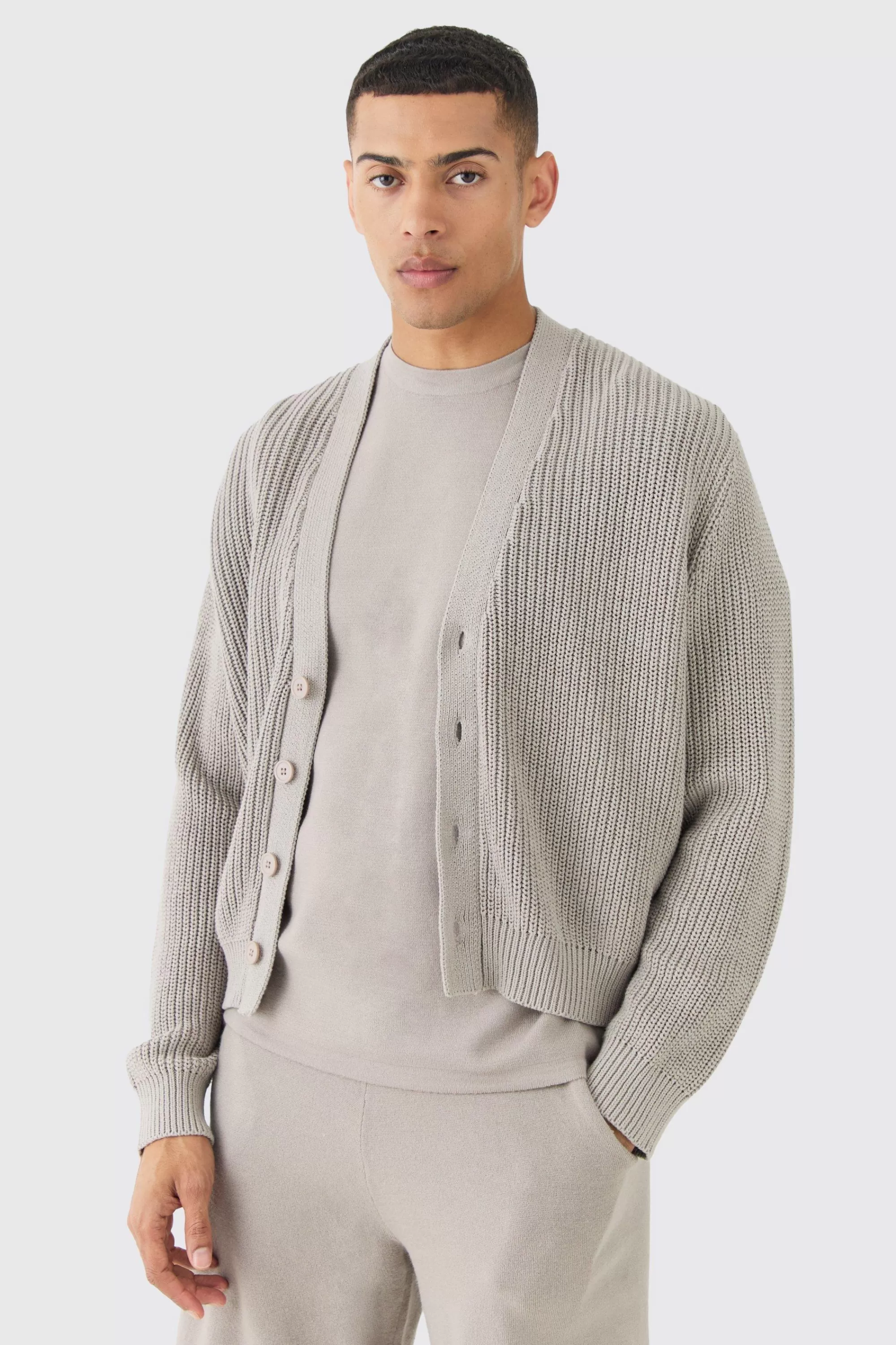 boohooMAN Boxy Fit Ribbed Fisherman Knit Cardigan | UK