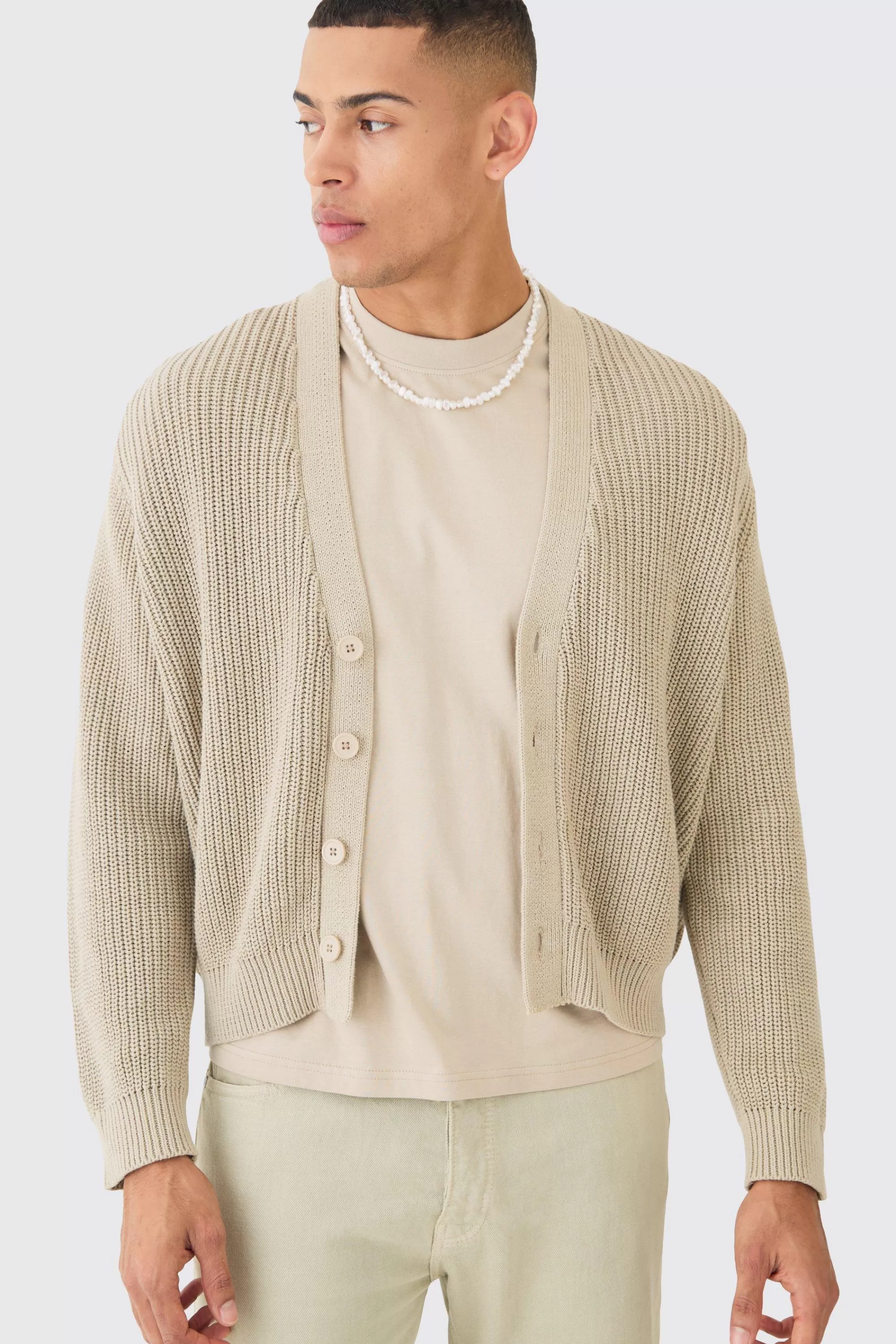 boohooMAN Boxy Fit Ribbed Fisherman Knit Cardigan | UK