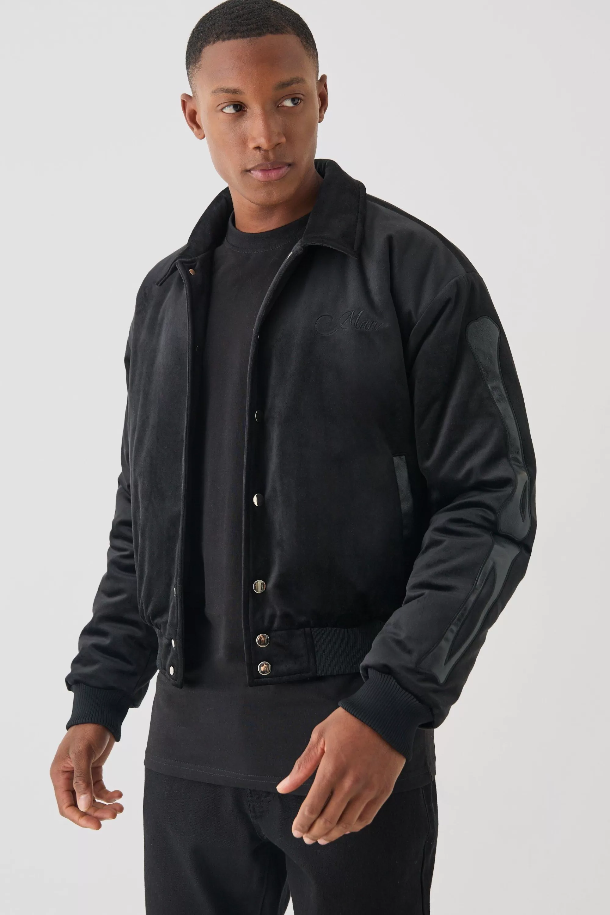 boohooMAN Boxy Fit Skeleton Applique Varsity Jacket | UK