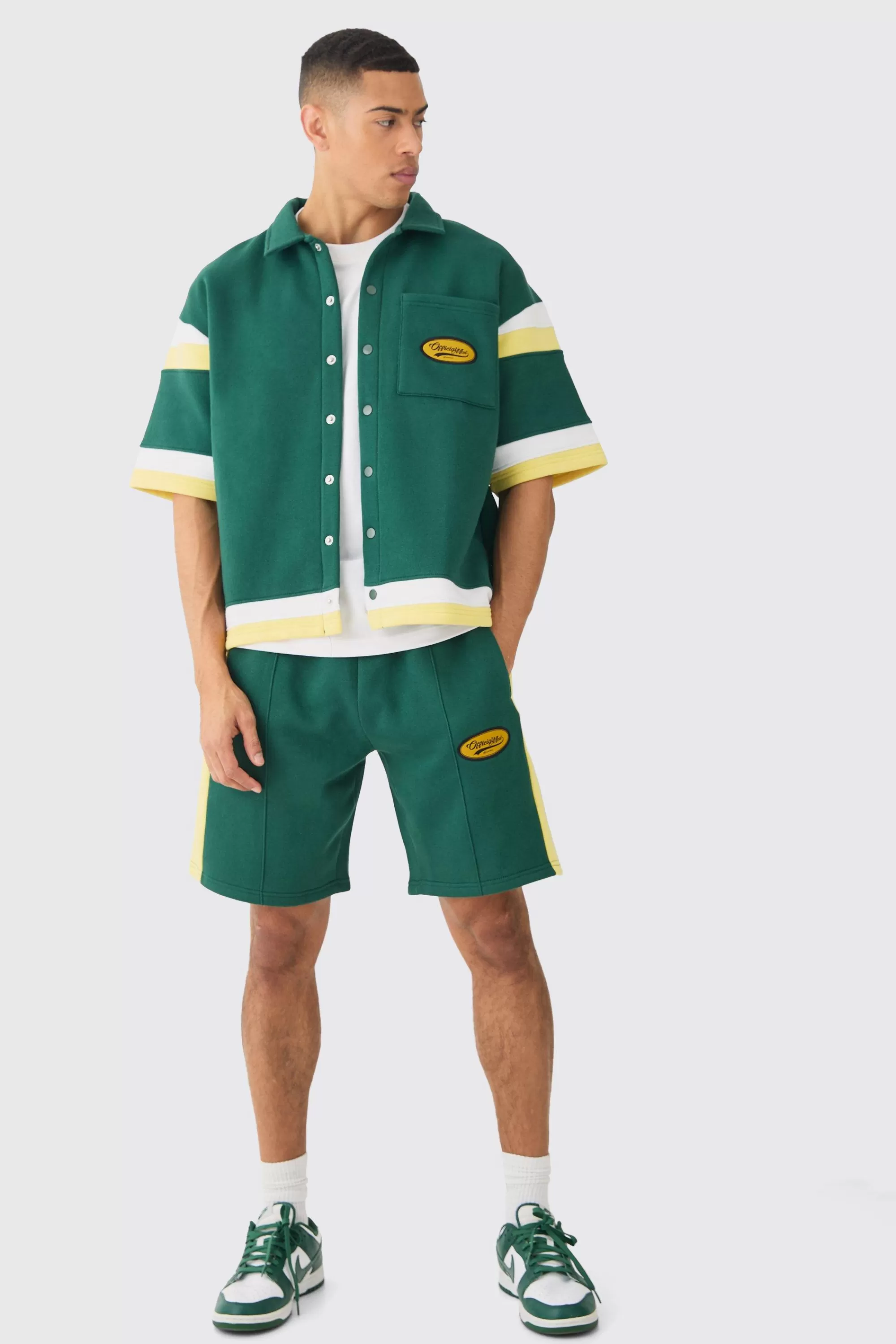 boohooMAN Boxy Fit Varsity Shirt Short Tracksuit | UK