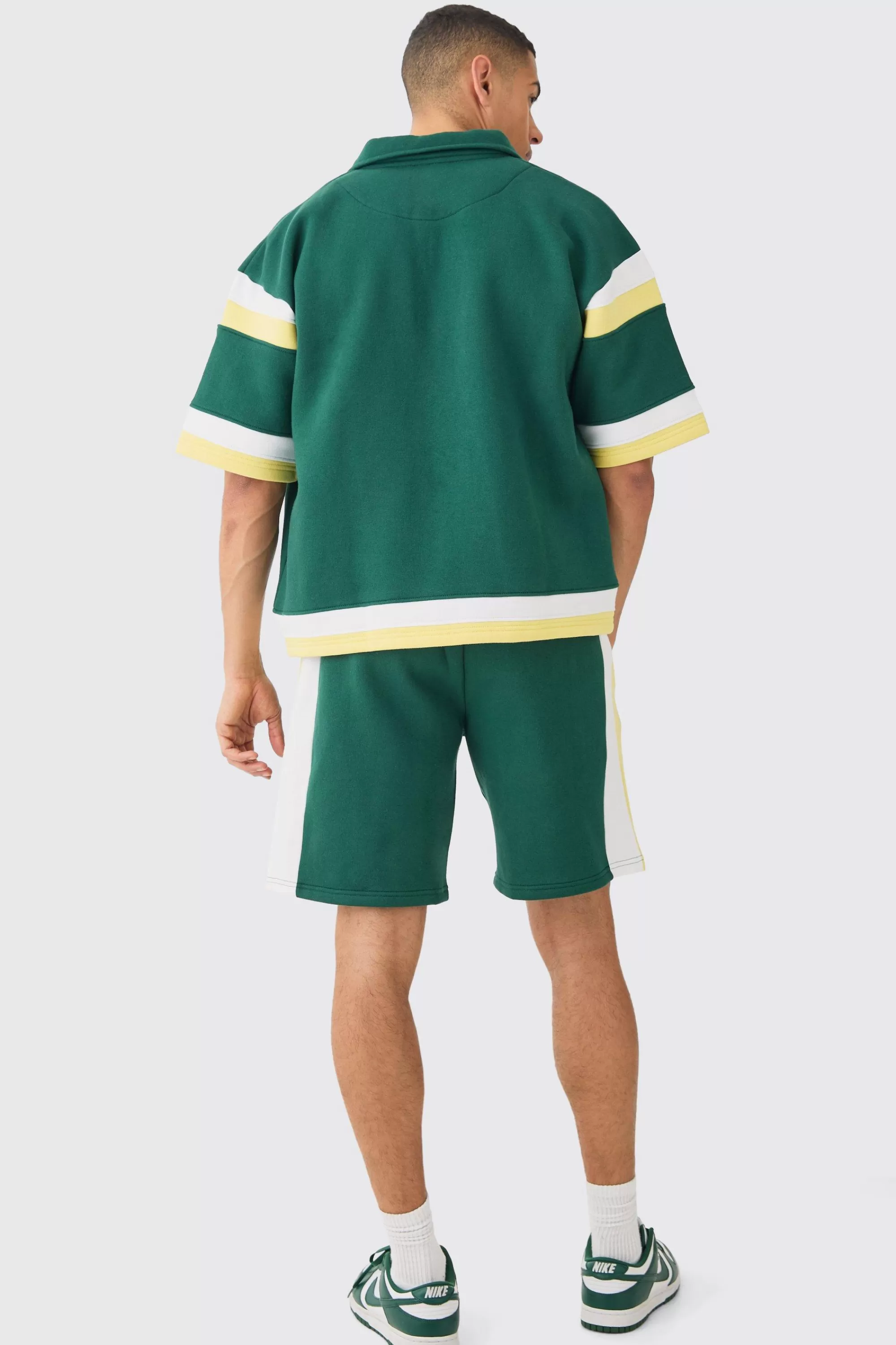 boohooMAN Boxy Fit Varsity Shirt Short Tracksuit | UK