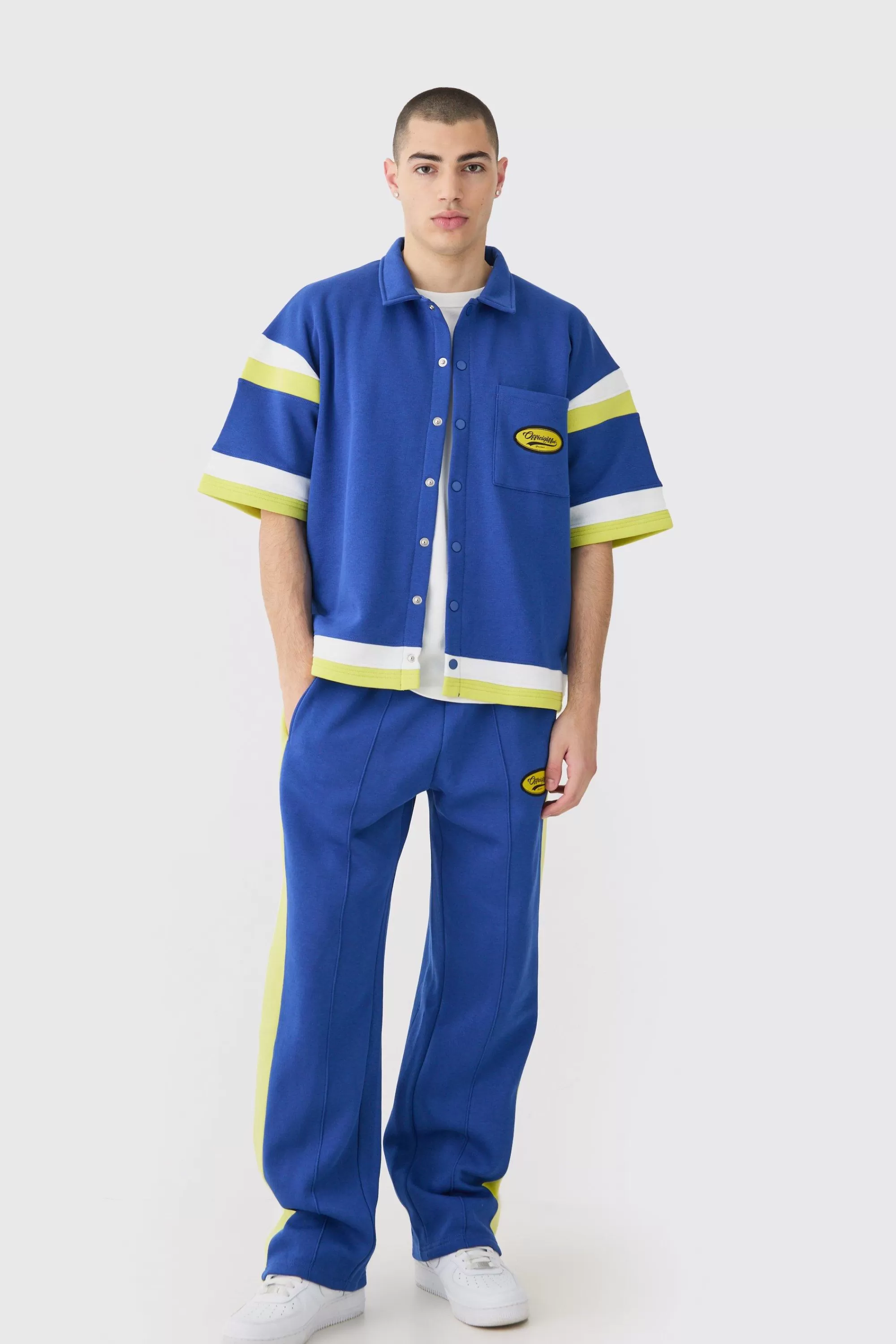 boohooMAN Boxy Fit Varsity Shirt Tracksuit | UK