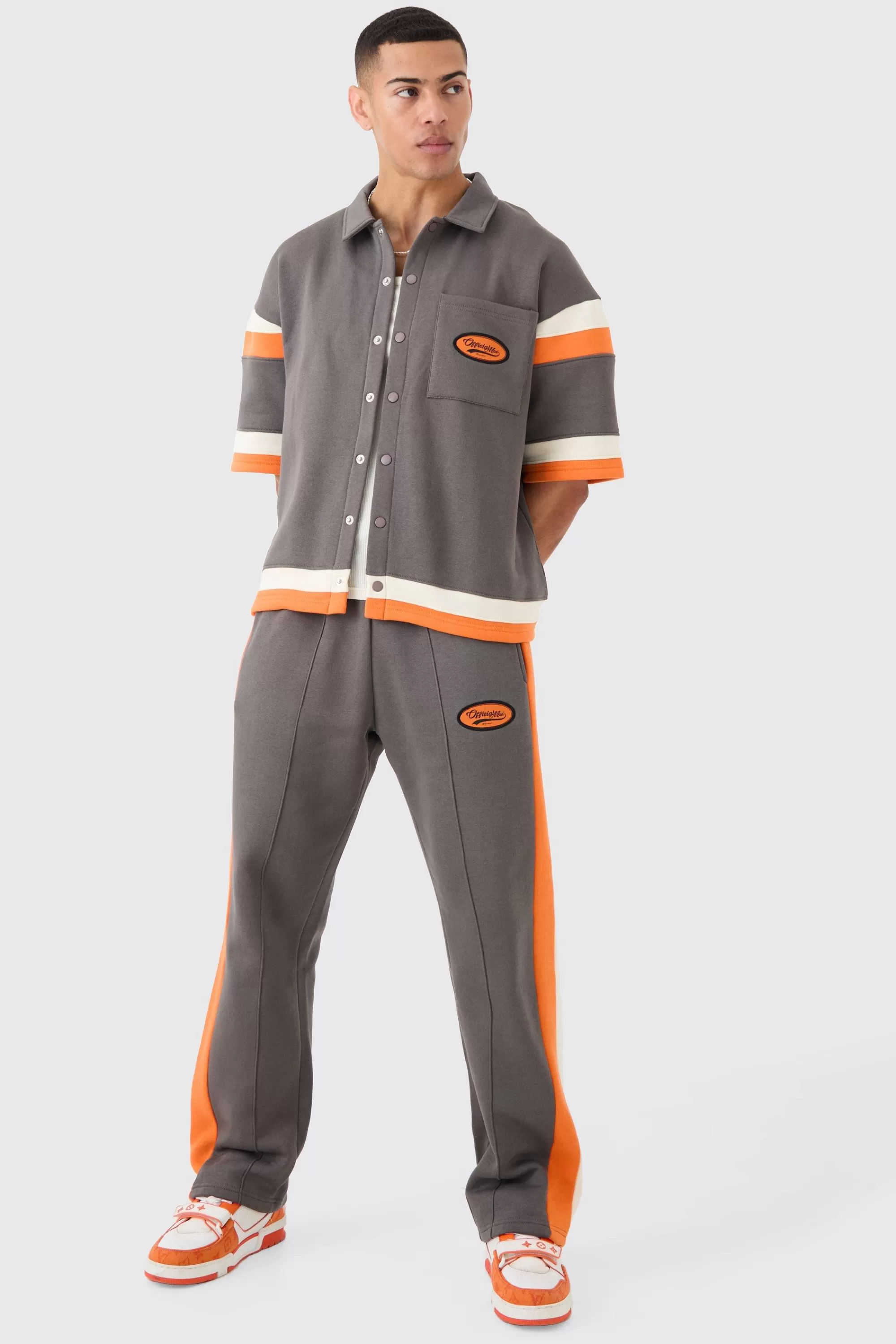 boohooMAN Boxy Fit Varsity Shirt Tracksuit | UK