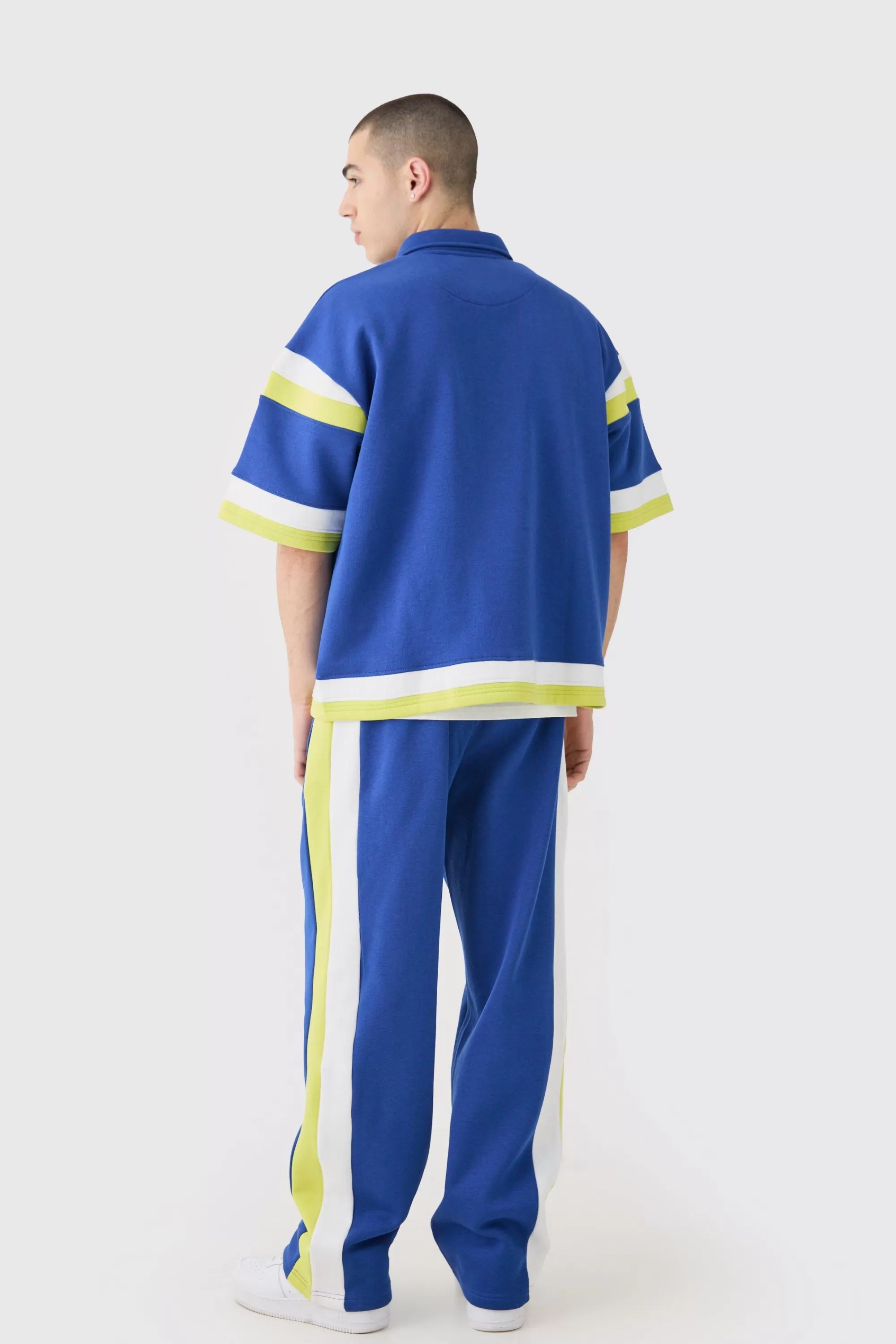boohooMAN Boxy Fit Varsity Shirt Tracksuit | UK