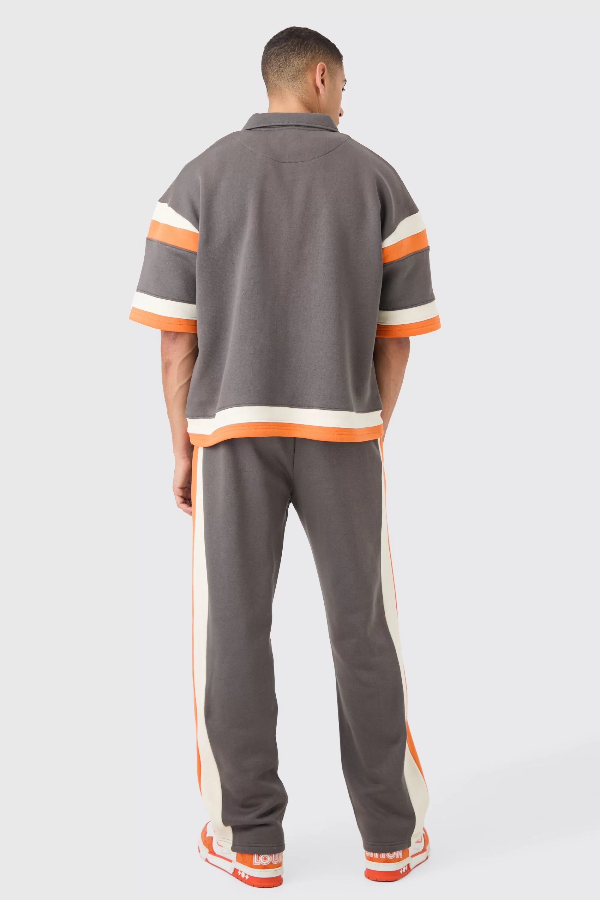 boohooMAN Boxy Fit Varsity Shirt Tracksuit | UK