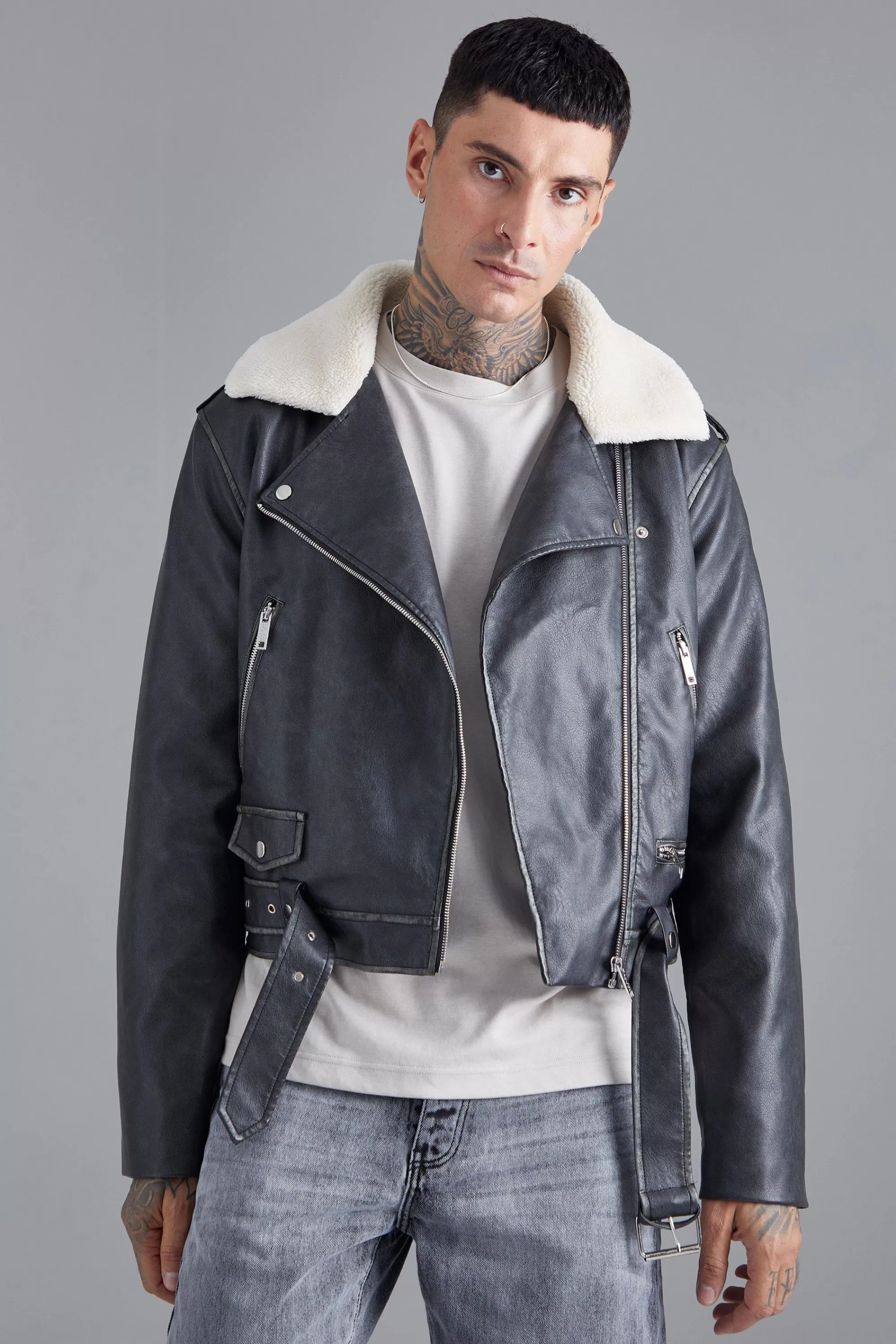 boohooMAN Boxy Fit Washed Pu Biker With Borg Collar | UK