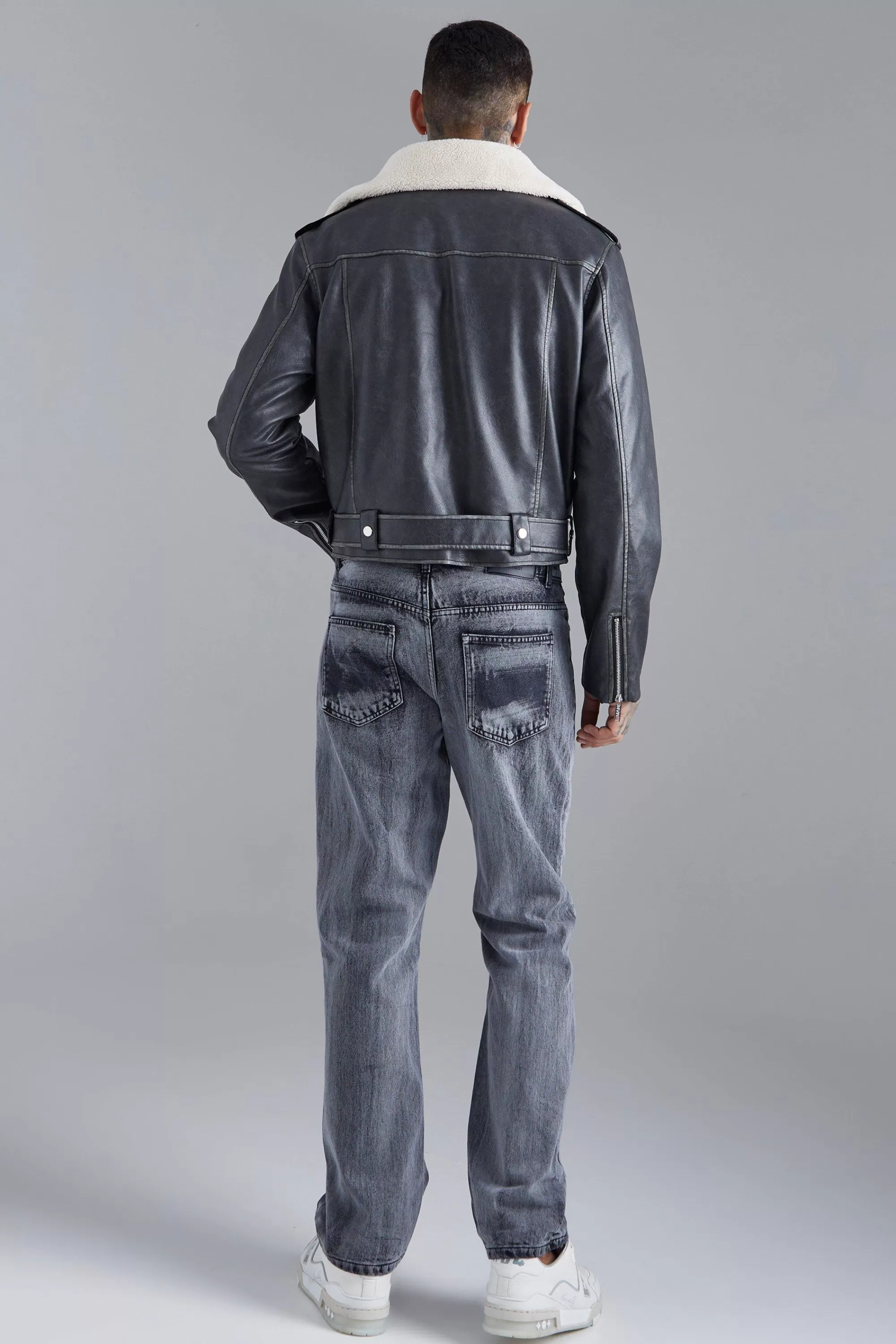 boohooMAN Boxy Fit Washed Pu Biker With Borg Collar | UK