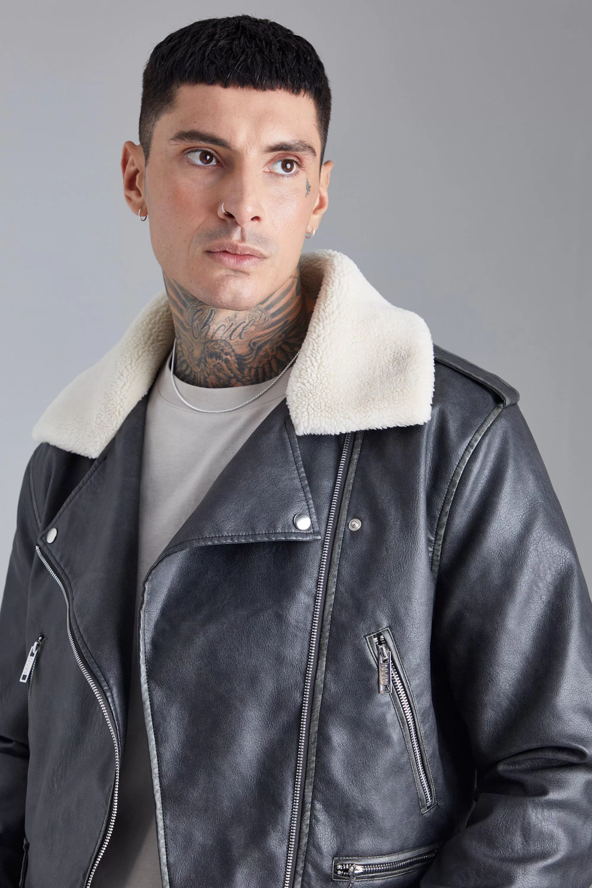 boohooMAN Boxy Fit Washed Pu Biker With Borg Collar | UK