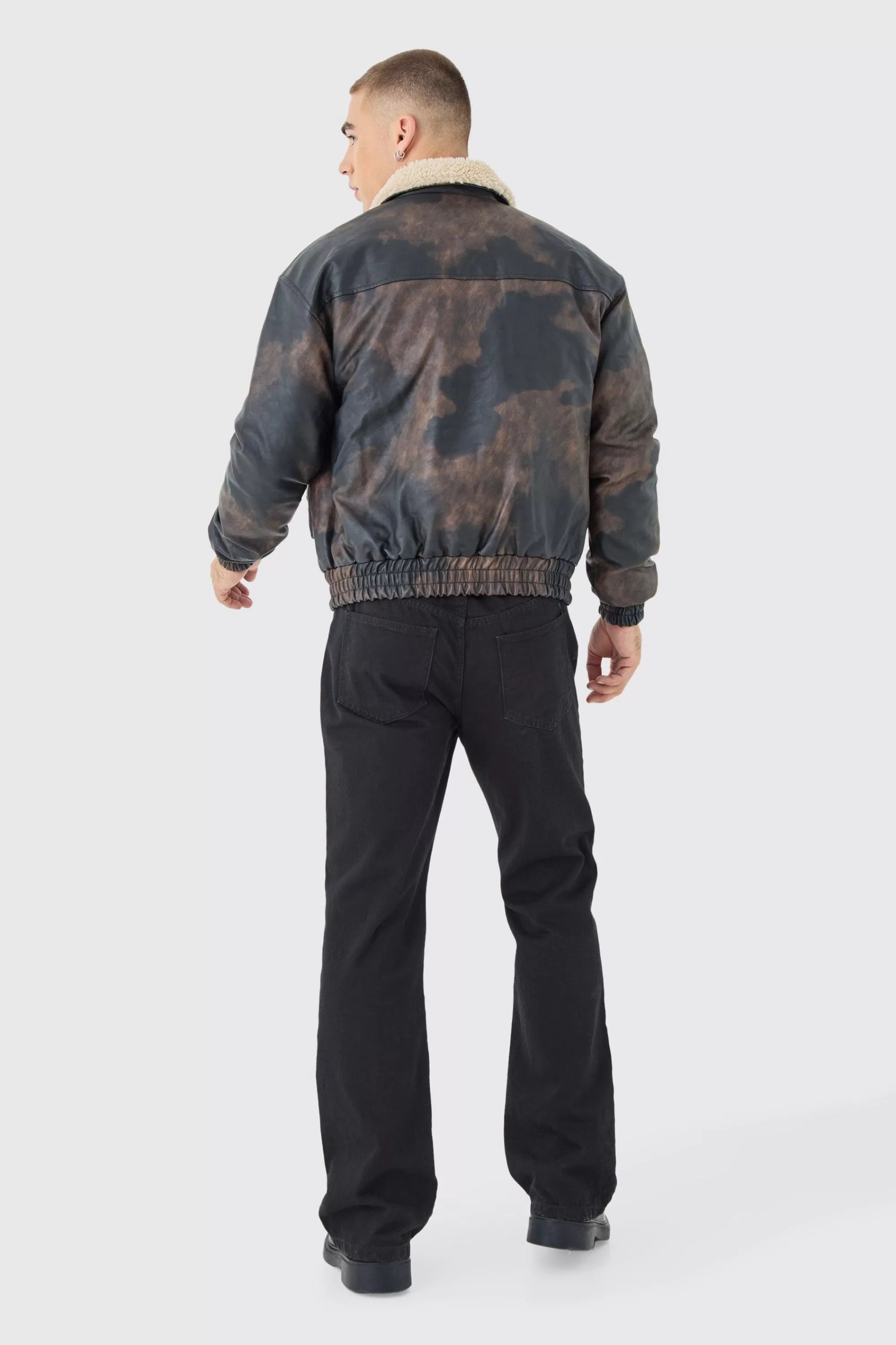 boohooMAN Boxy Fit Washed PU Borg Collar Bomber Jacket In | UK