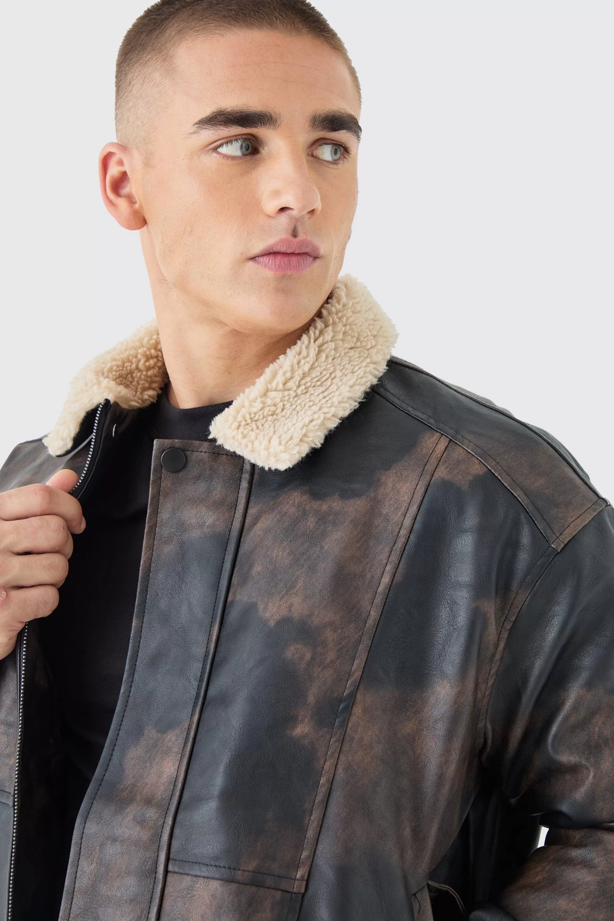 boohooMAN Boxy Fit Washed PU Borg Collar Bomber Jacket In | UK