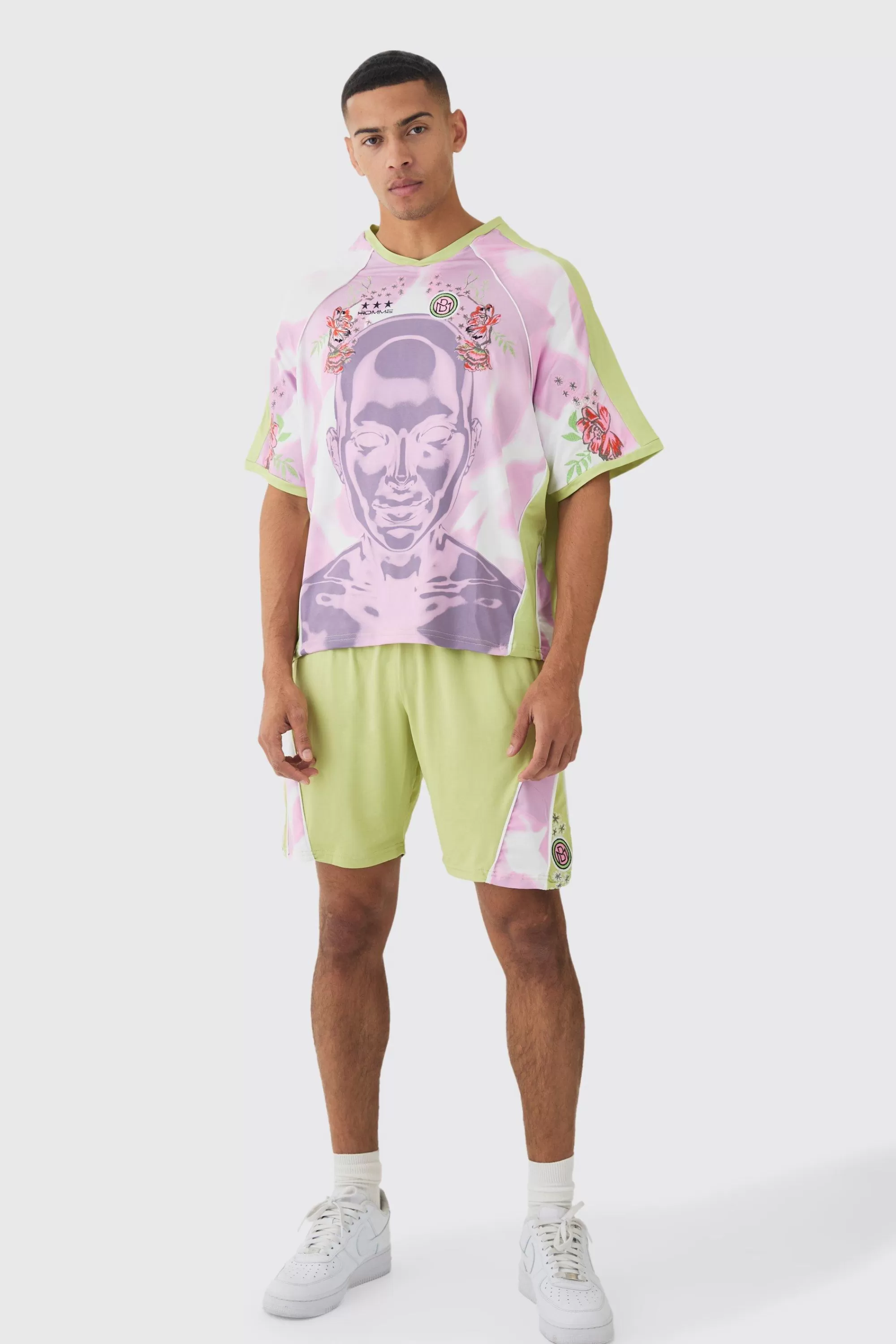 boohooMAN Boxy Floral Embroidered Football T-shirt & Short Set | UK