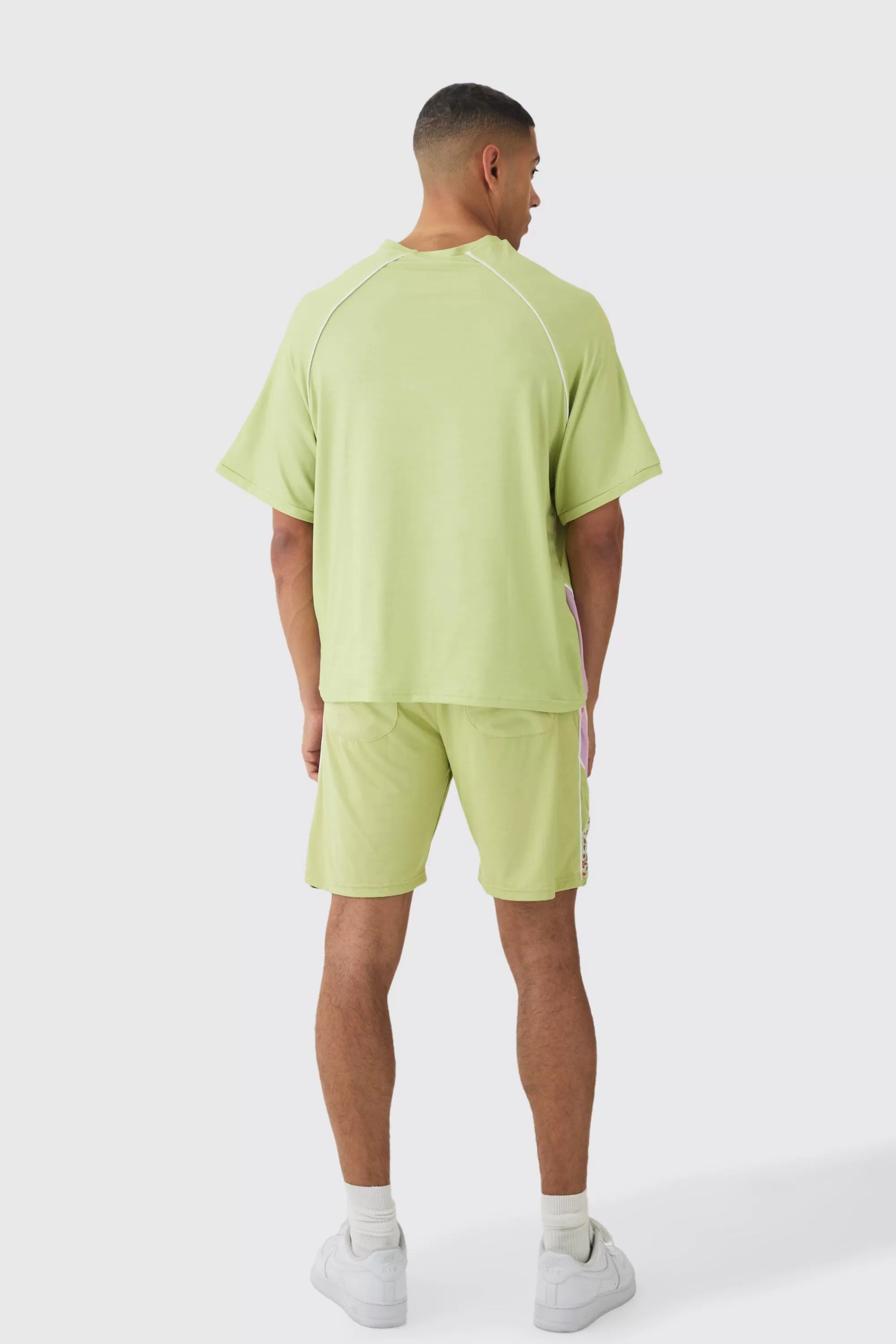 boohooMAN Boxy Floral Embroidered Football T-shirt & Short Set | UK