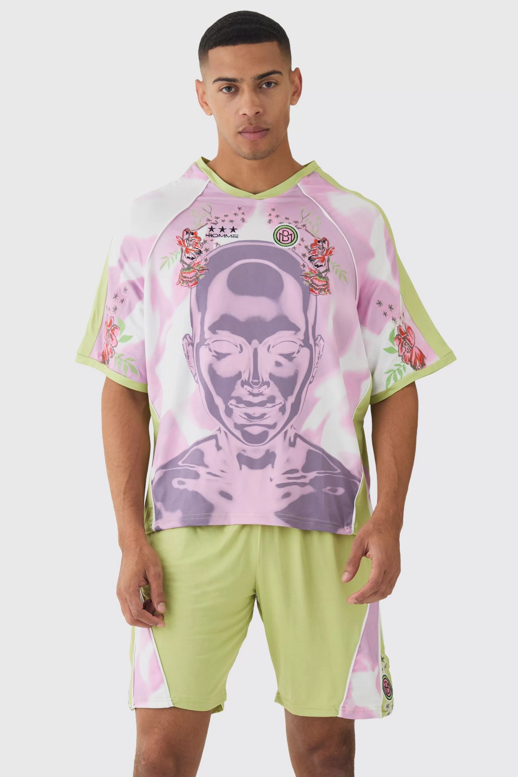 boohooMAN Boxy Floral Embroidered Football T-shirt & Short Set | UK