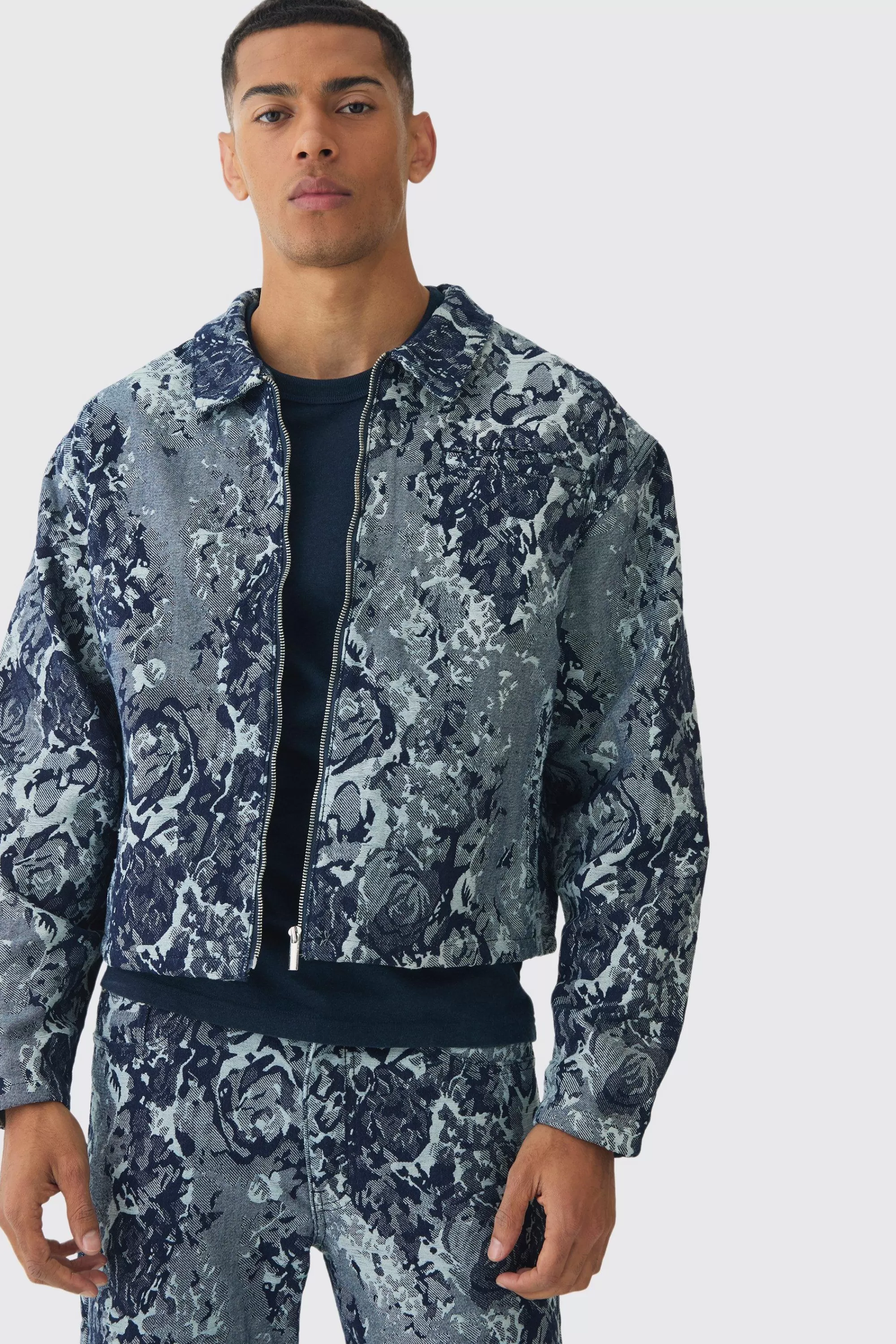 boohooMAN Boxy Floral Jacquard Denim Jacket | UK