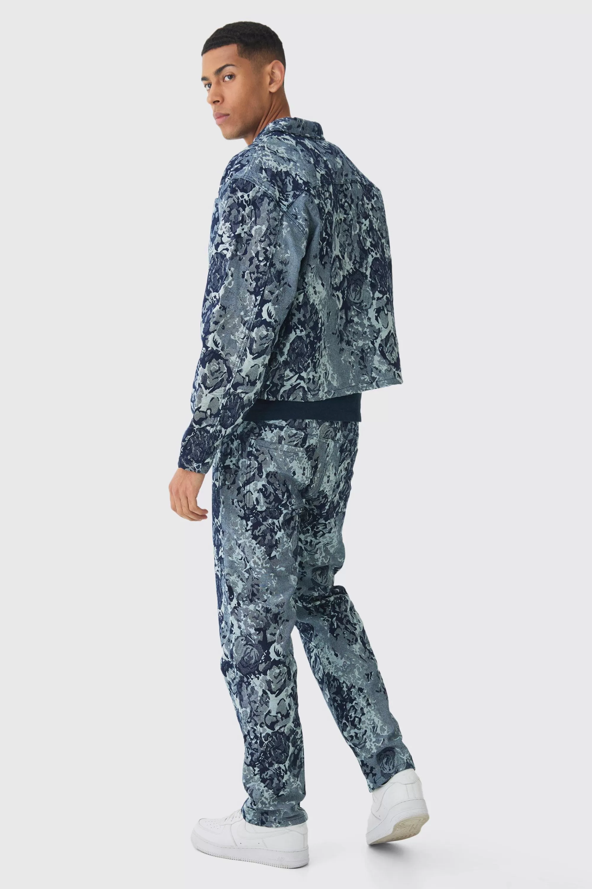 boohooMAN Boxy Floral Jacquard Denim Jacket | UK
