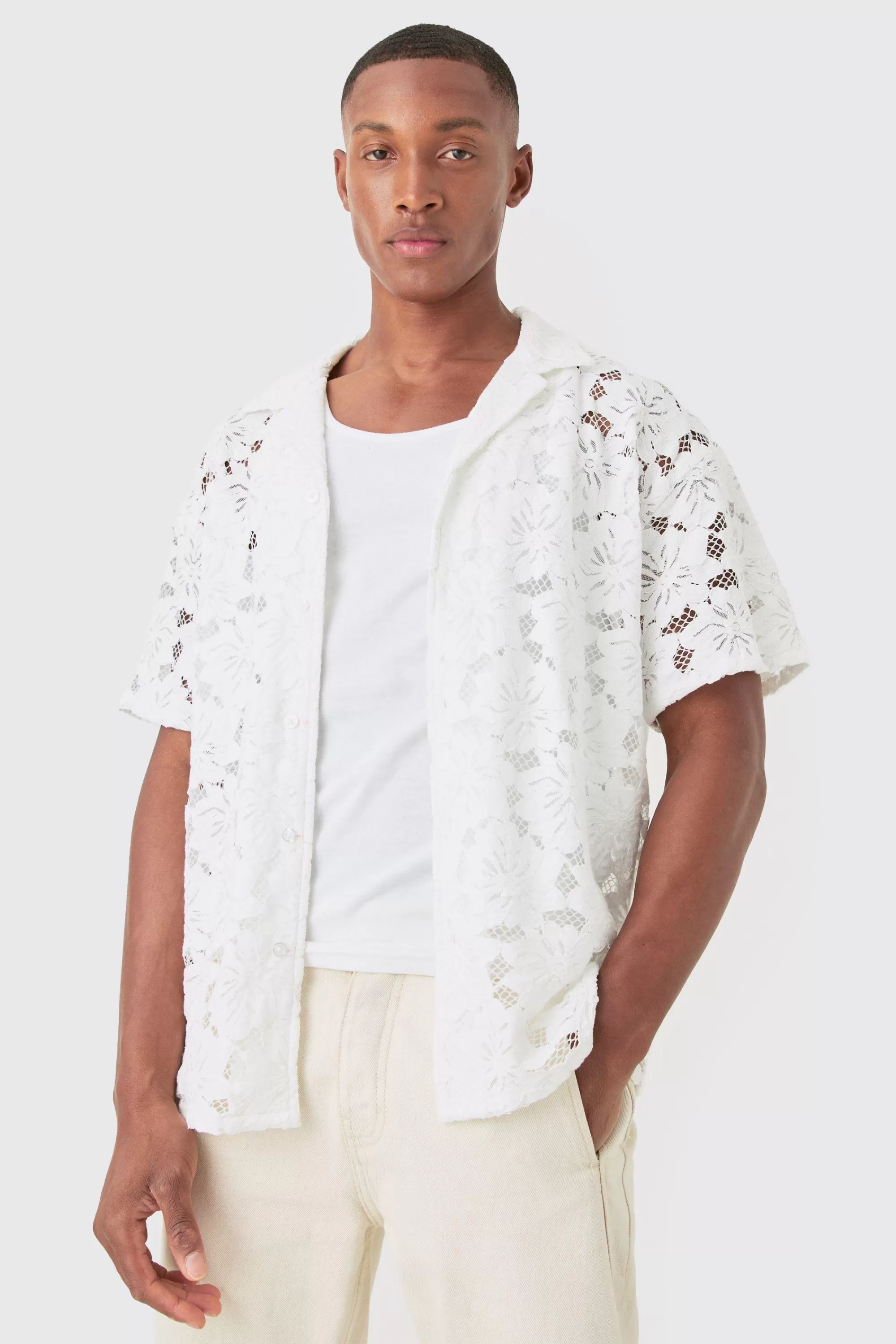 boohooMAN Boxy Floral Lace Shirt | UK