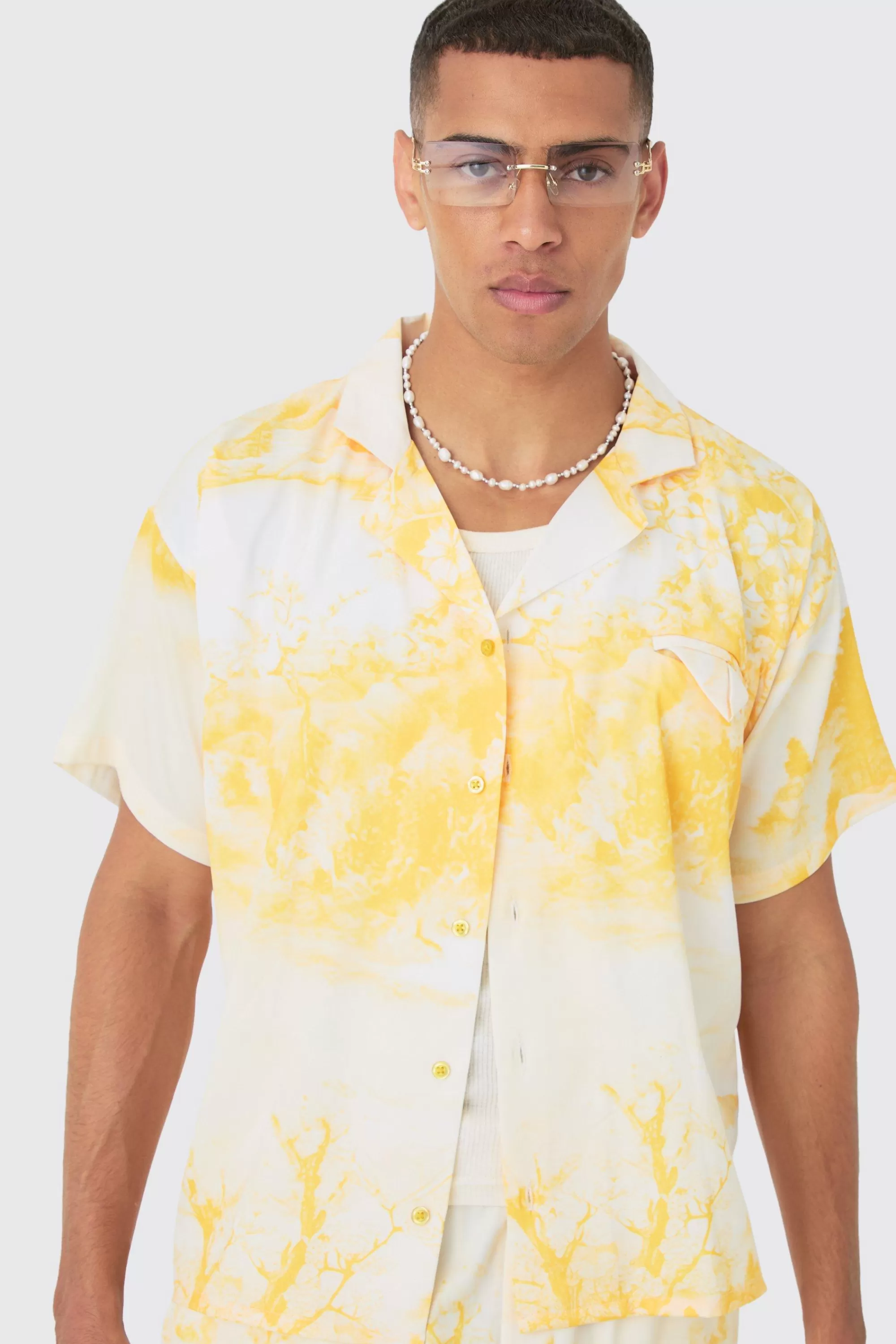 boohooMAN Boxy Floral Short Sleeve Satin Shirt & Short Set | UK