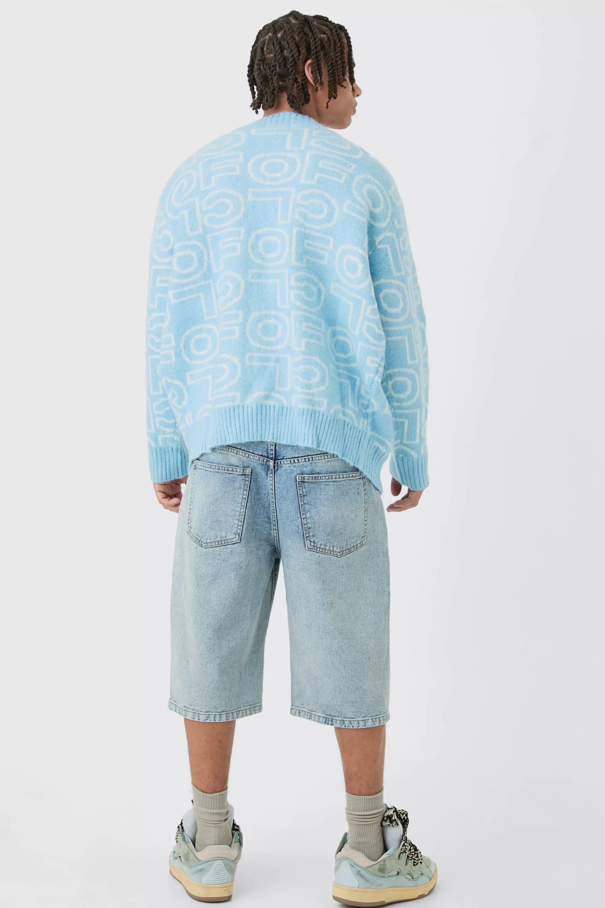 boohooMAN Boxy Fluffy Branded Knitted Cardigan In Blue | UK