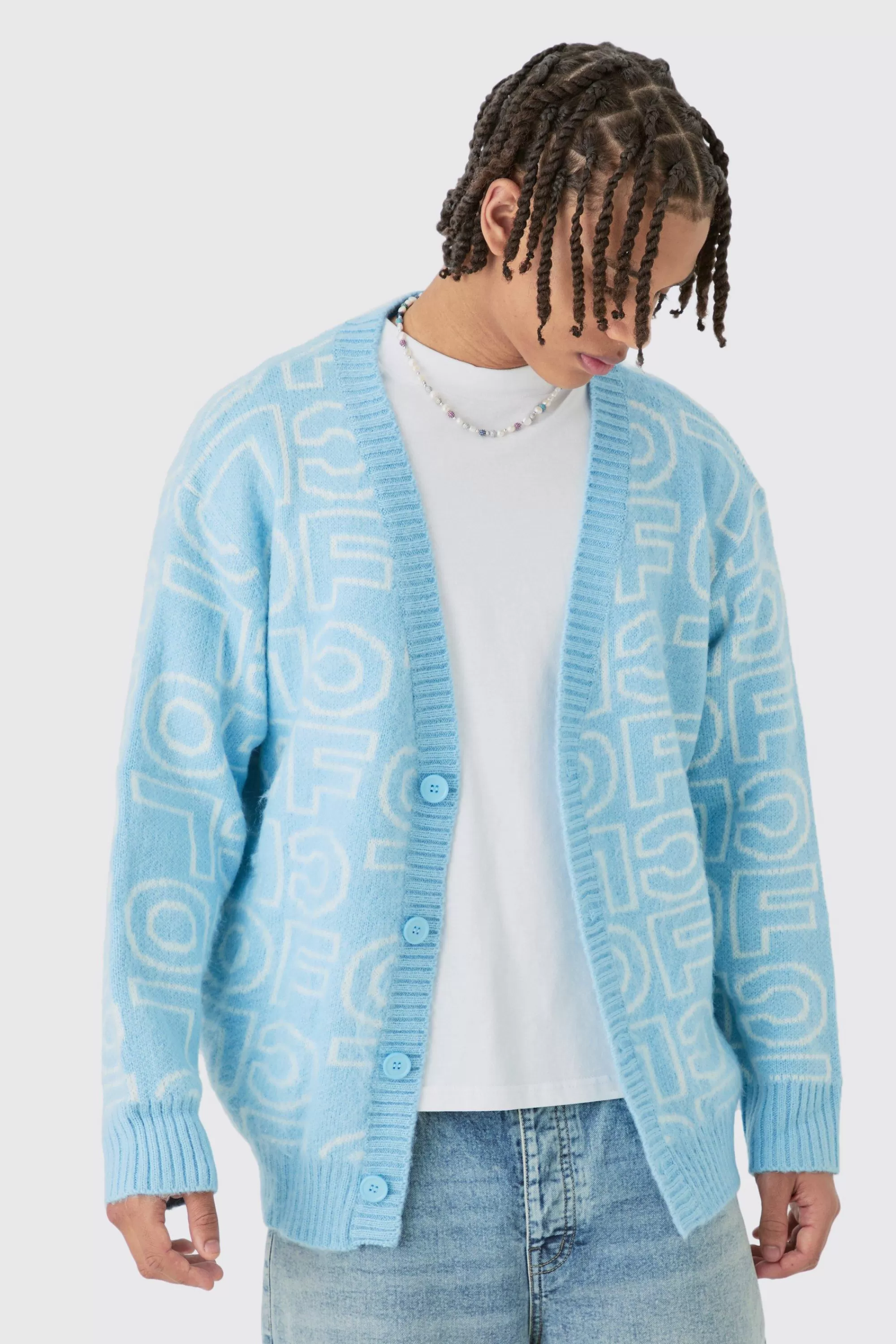 boohooMAN Boxy Fluffy Branded Knitted Cardigan In Blue | UK