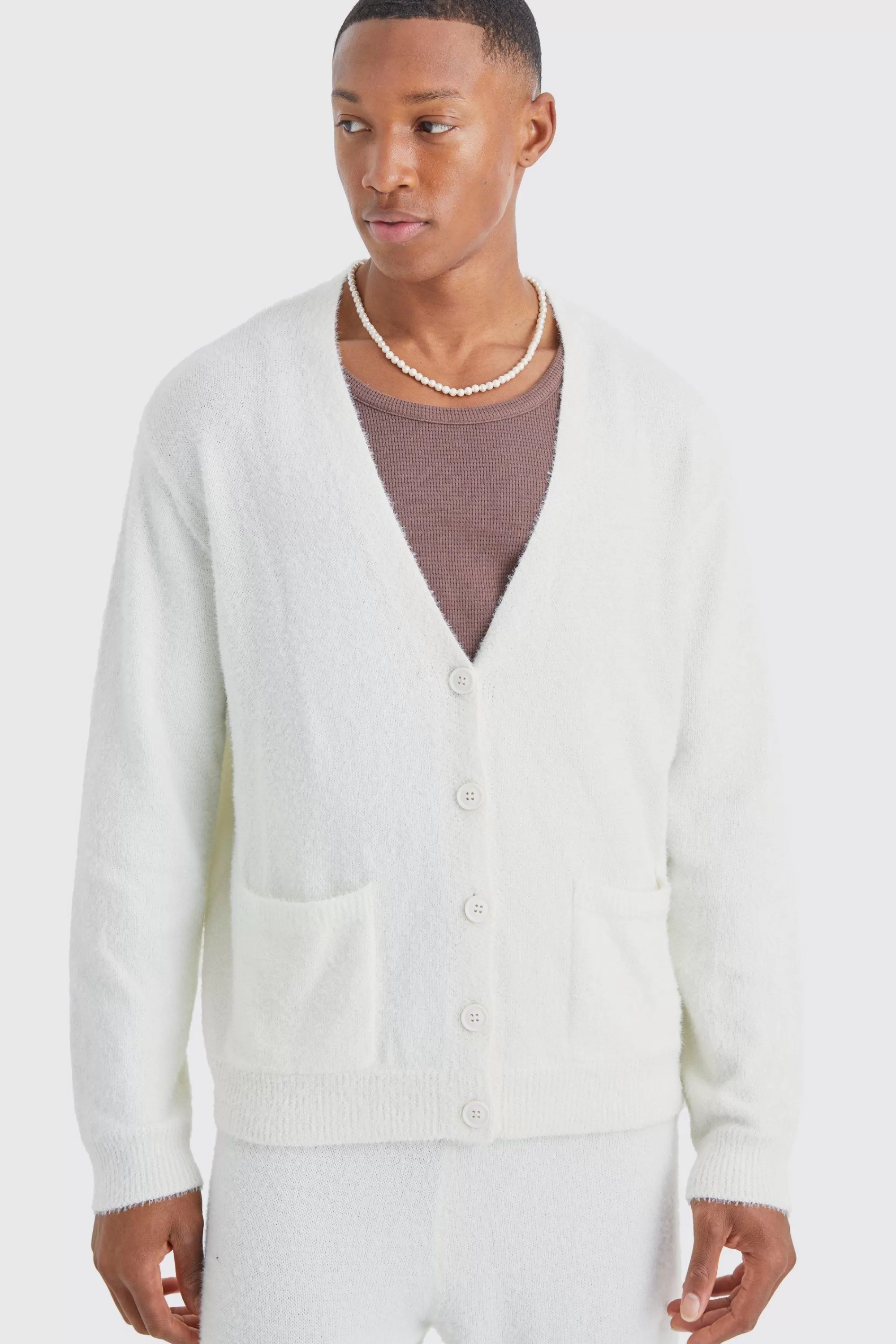 boohooMAN Boxy Fluffy Knitted Cardigan | UK