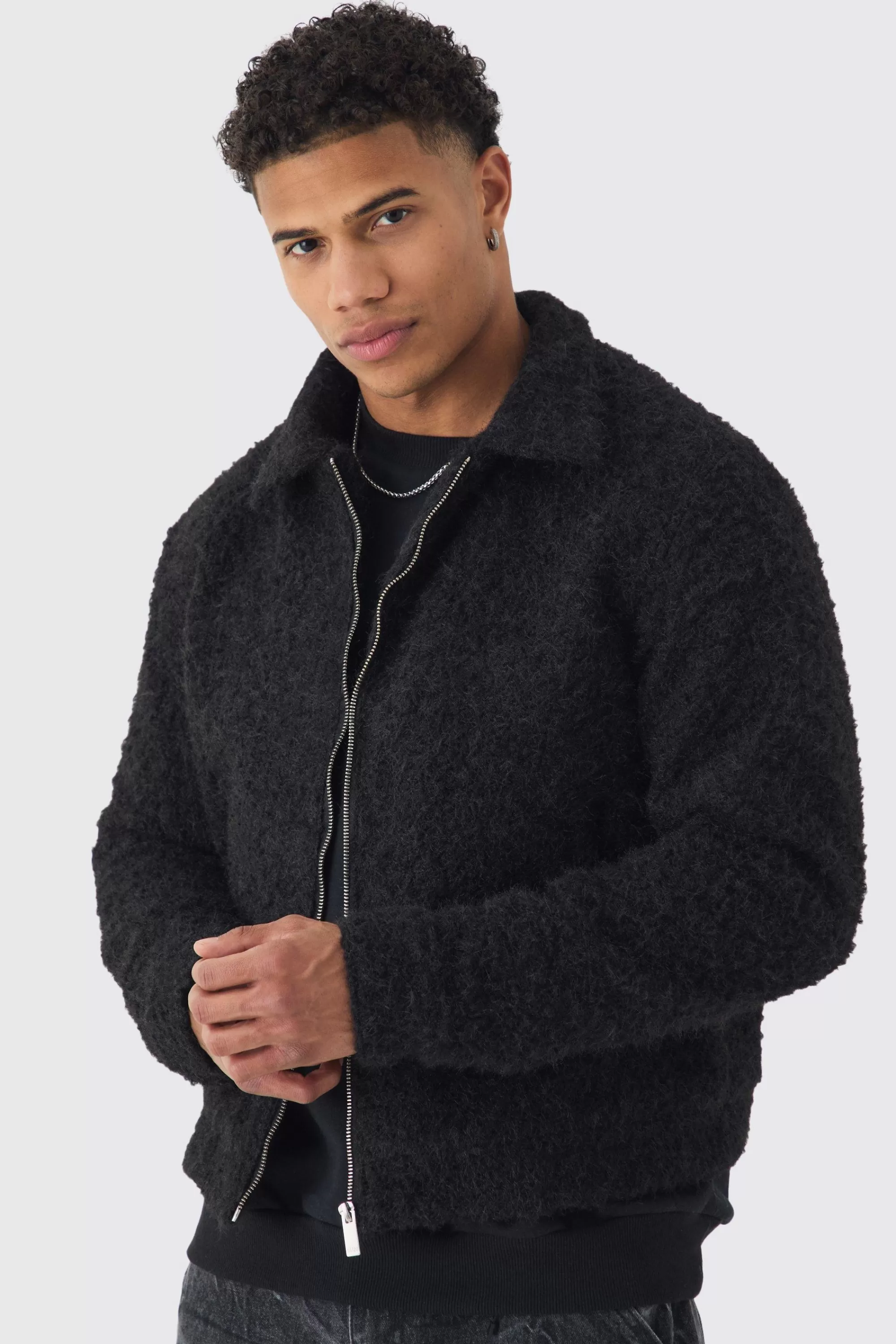 boohooMAN Boxy Fluffy Texture Harrington In | UK