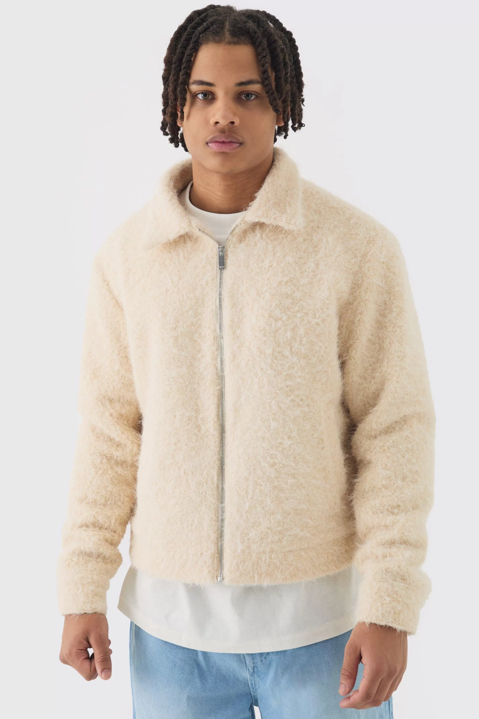 boohooMAN Boxy Fluffy Texture Harrington In | UK