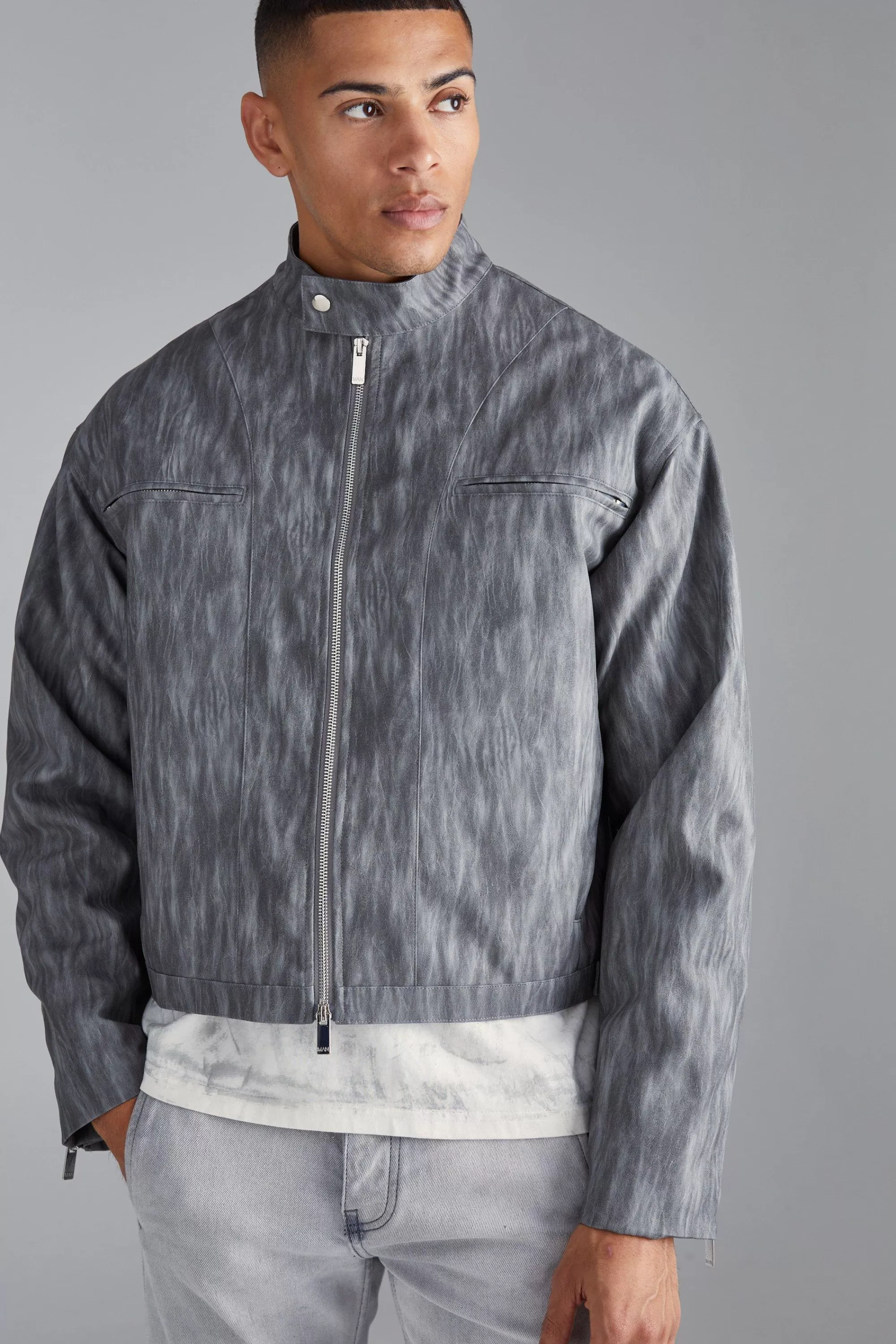 boohooMAN Boxy Funnel Neck Biker Jacket | UK