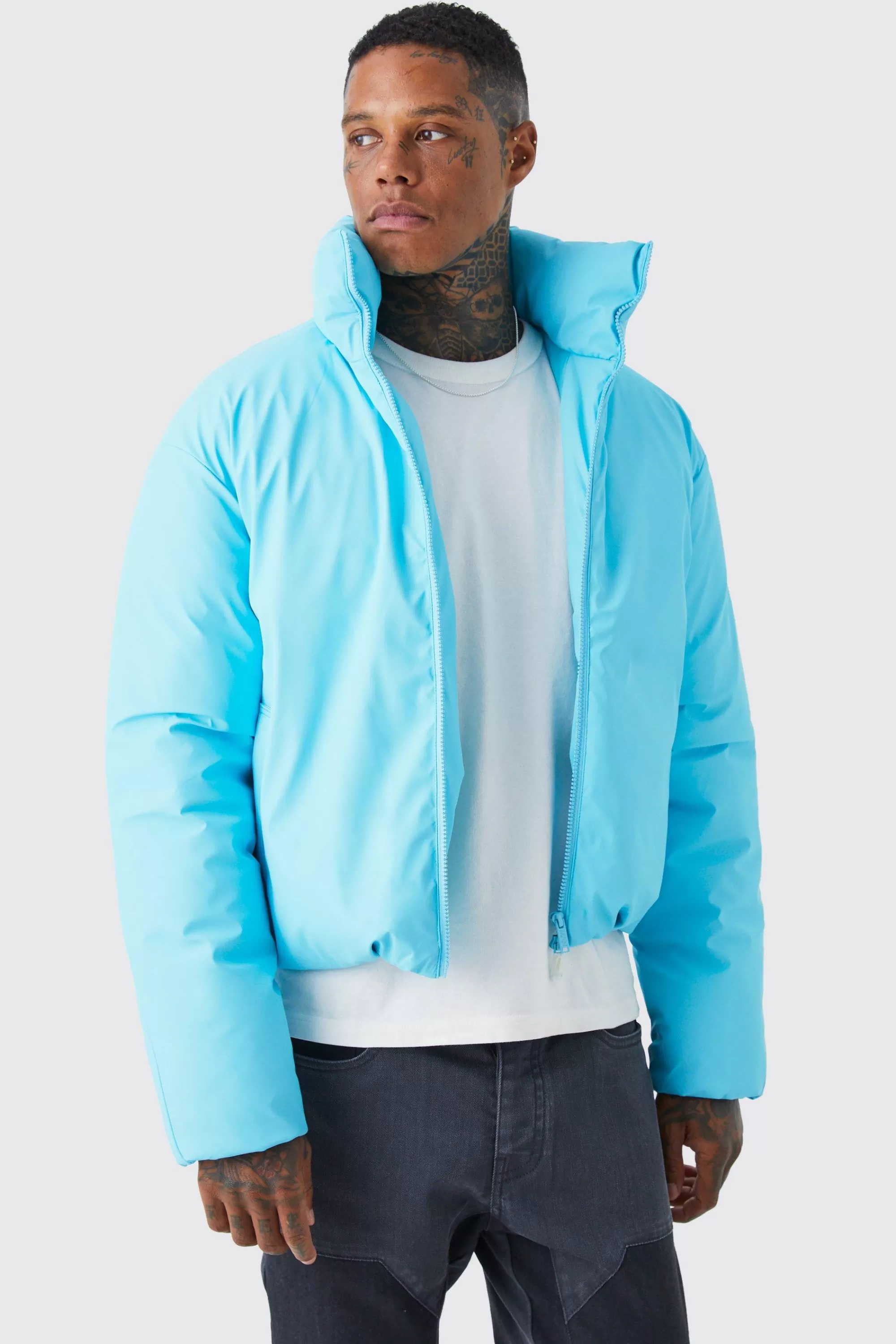 boohooMAN Boxy Funnel Neck Coated Puffer | UK