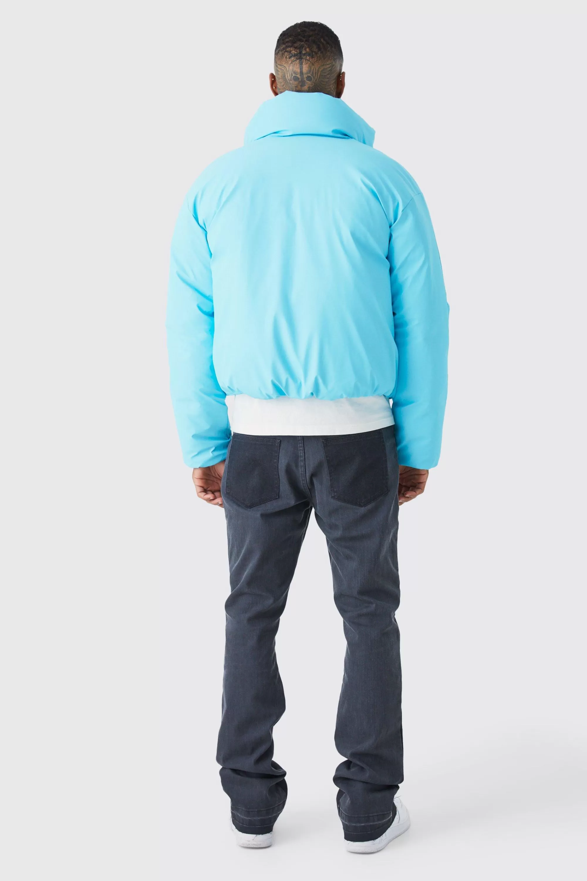 boohooMAN Boxy Funnel Neck Coated Puffer | UK