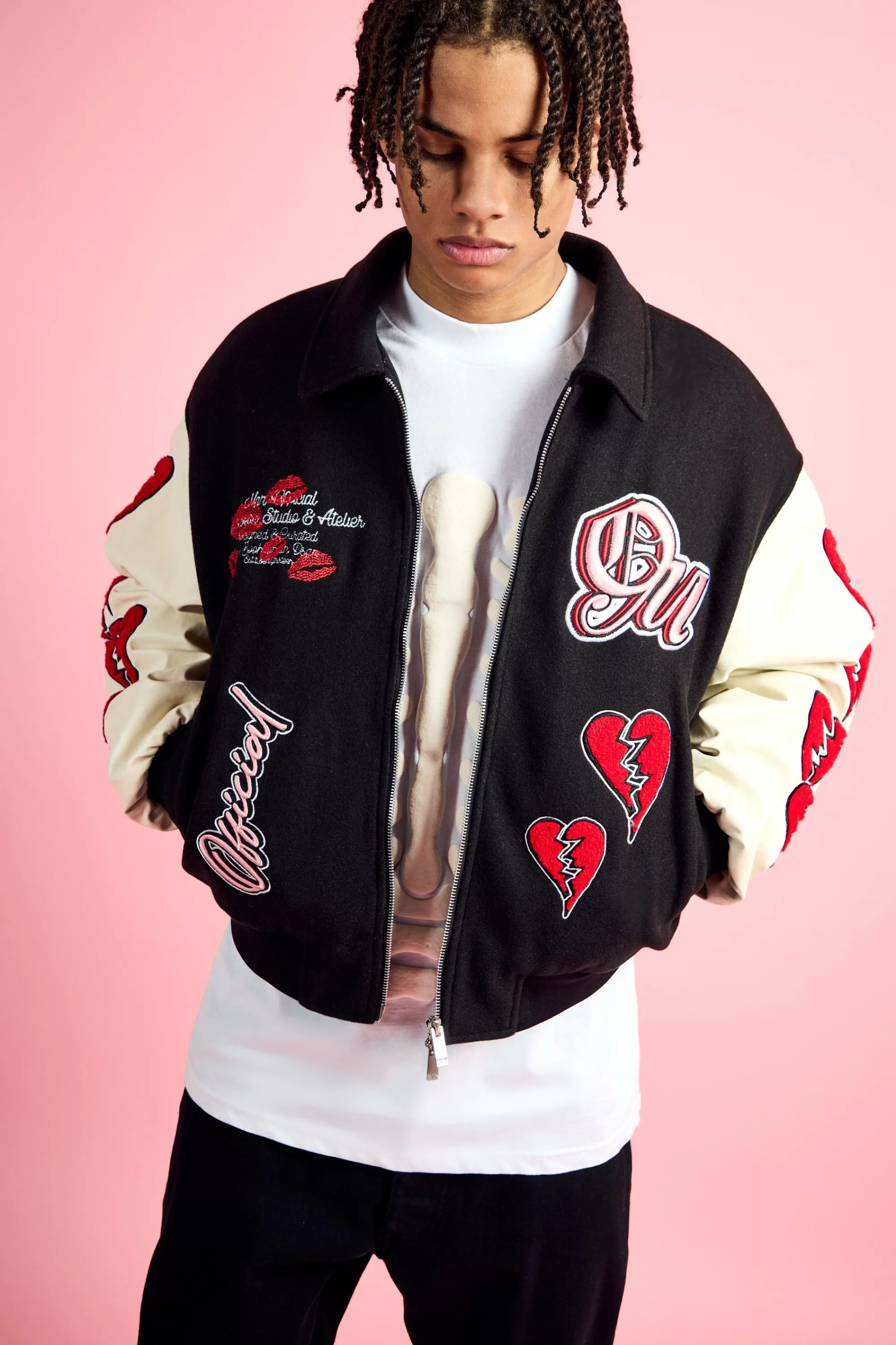 boohooMAN Boxy Heart Applique Varsity Bomber | UK