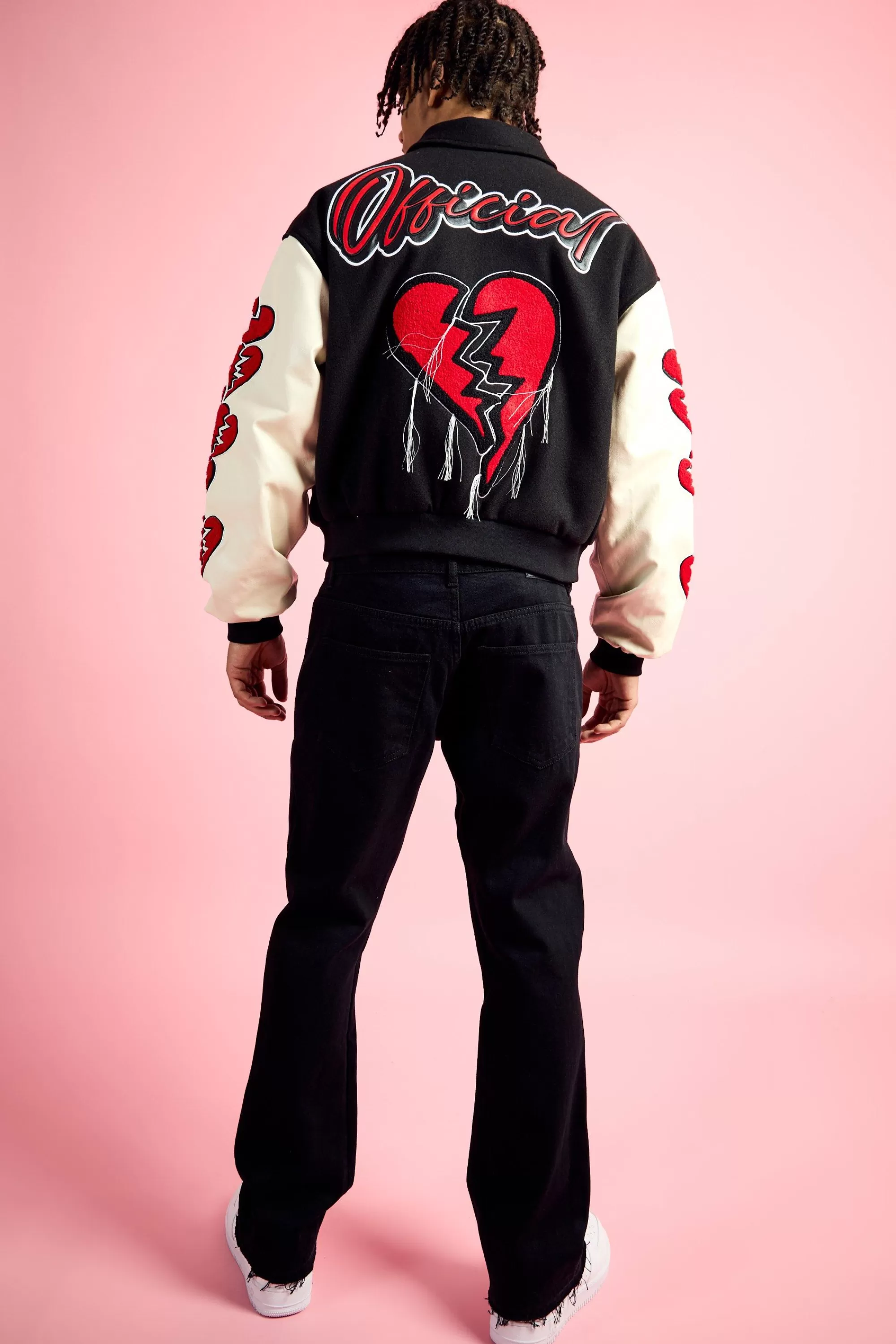 boohooMAN Boxy Heart Applique Varsity Bomber | UK