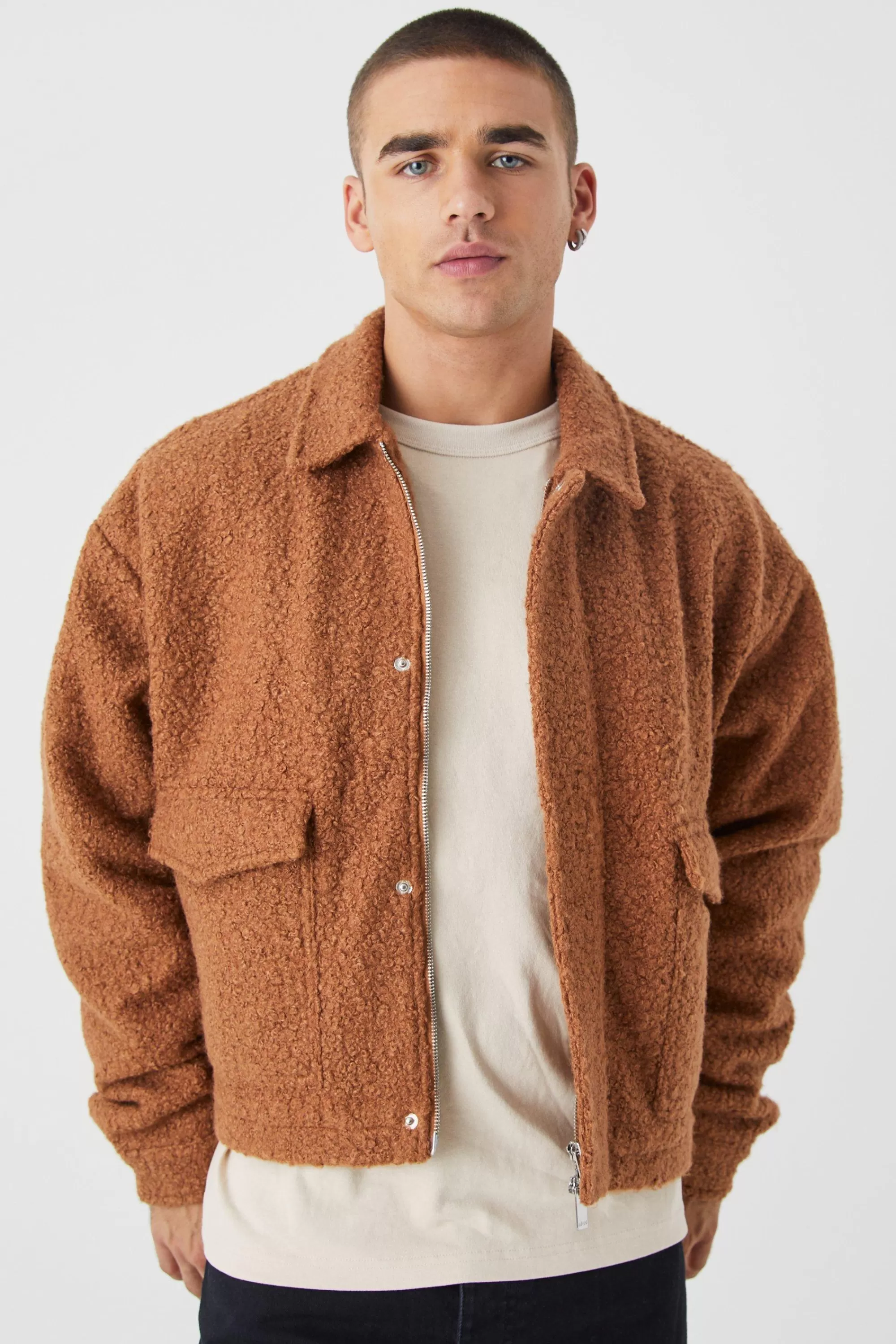 boohooMAN Boxy Heavy Boucle Harrington With Pockets | UK