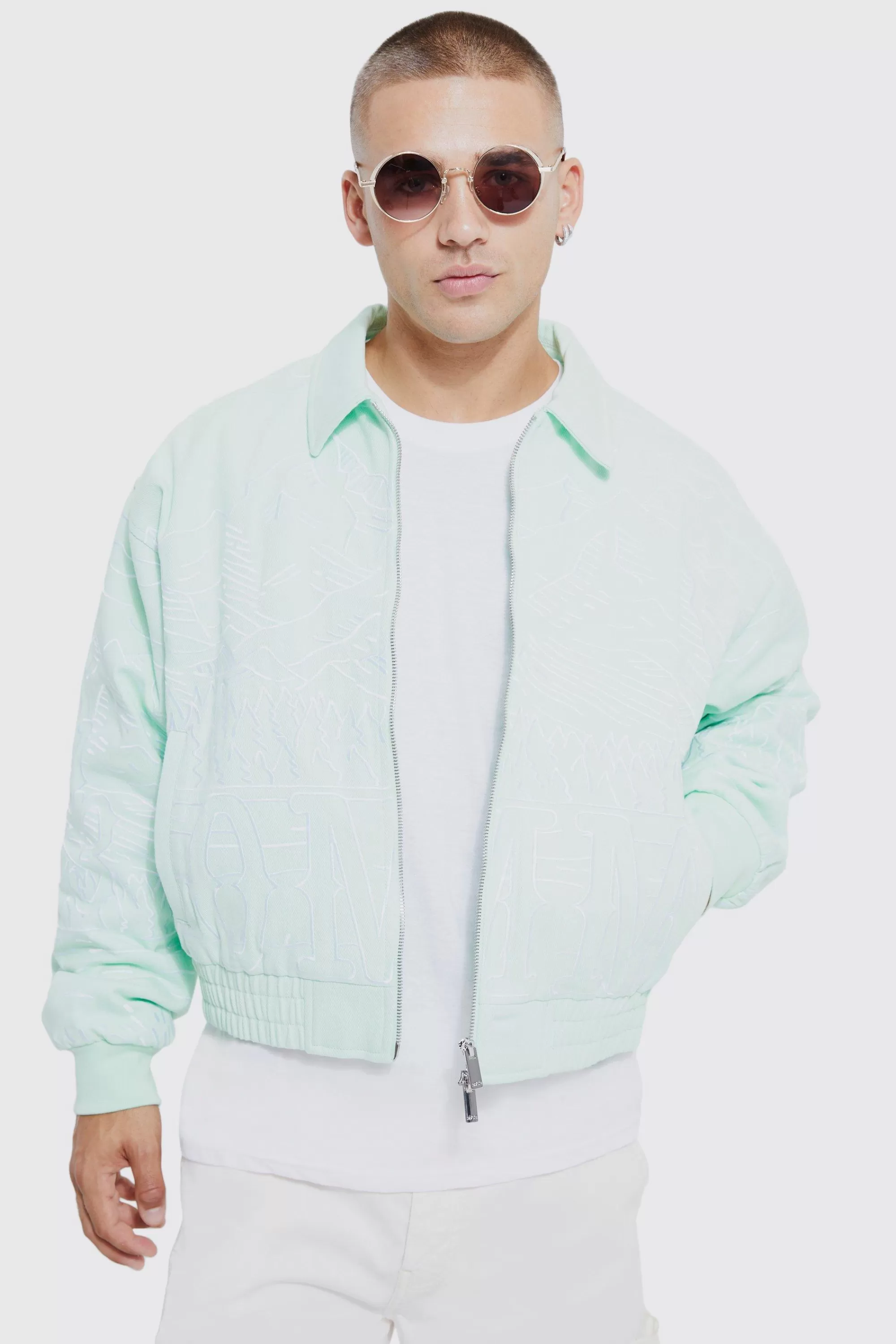 boohooMAN Boxy Heavy Twill Embroidered Collared Bomber | UK