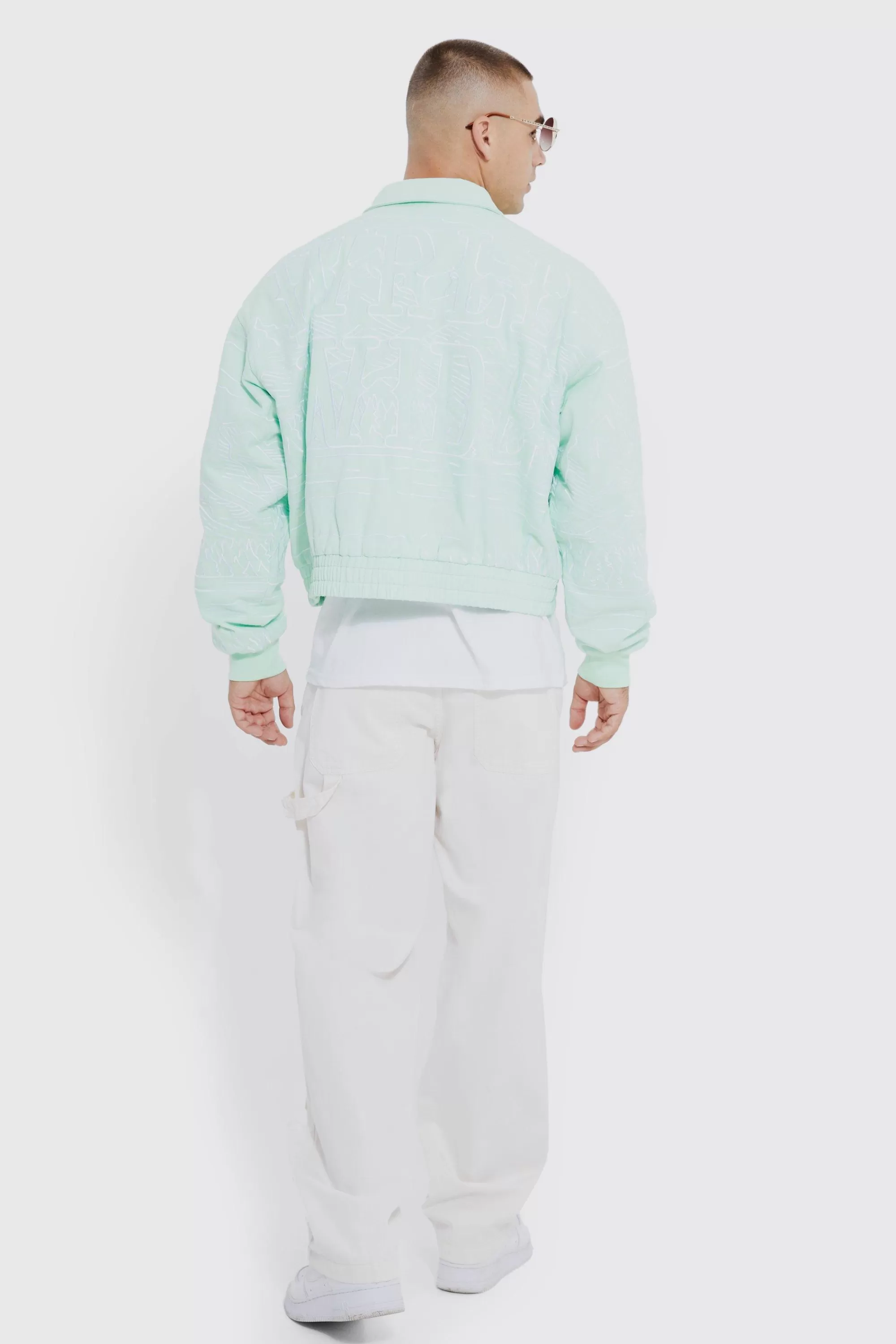 boohooMAN Boxy Heavy Twill Embroidered Collared Bomber | UK