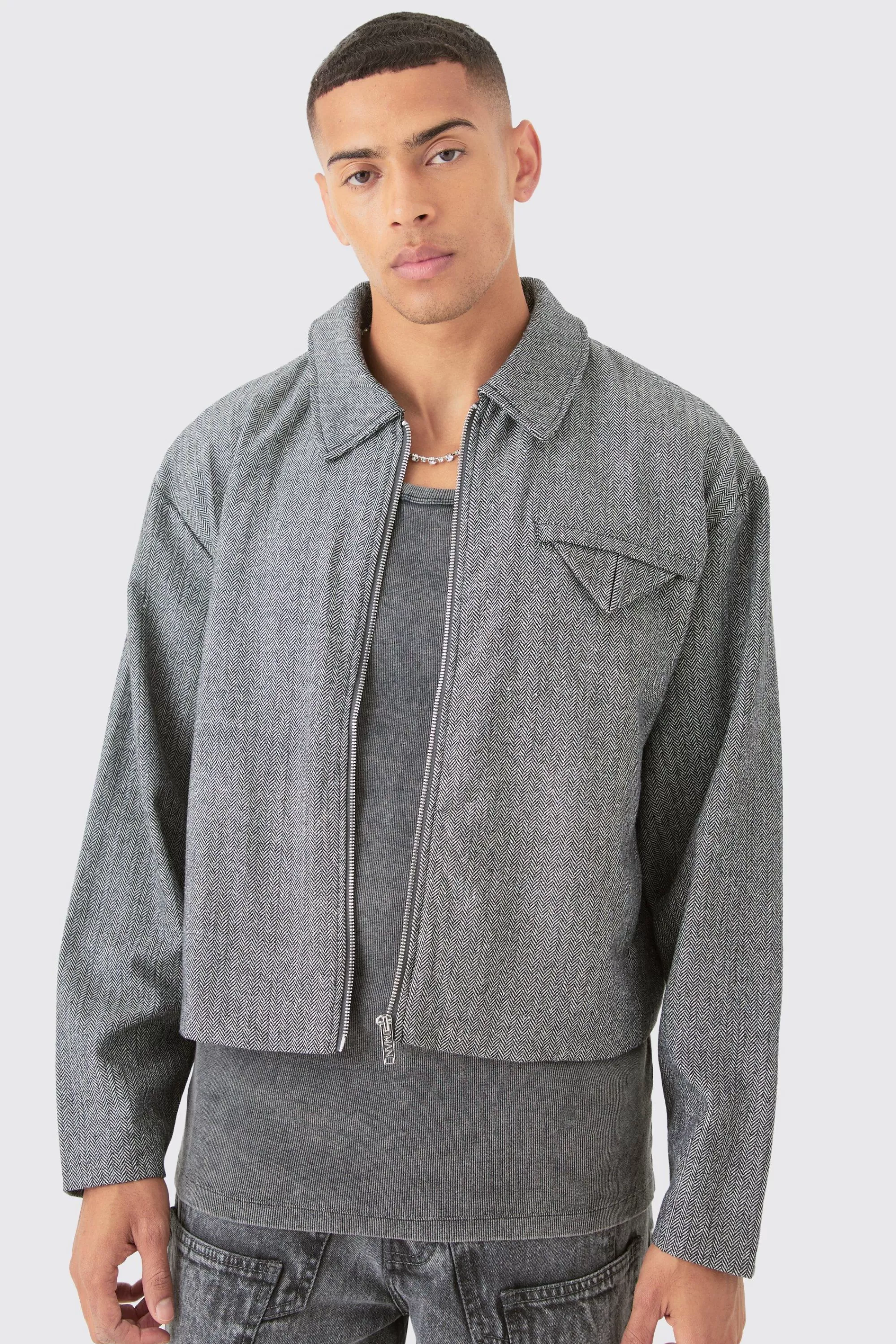 boohooMAN Boxy Herringbone Collared Jacket | UK