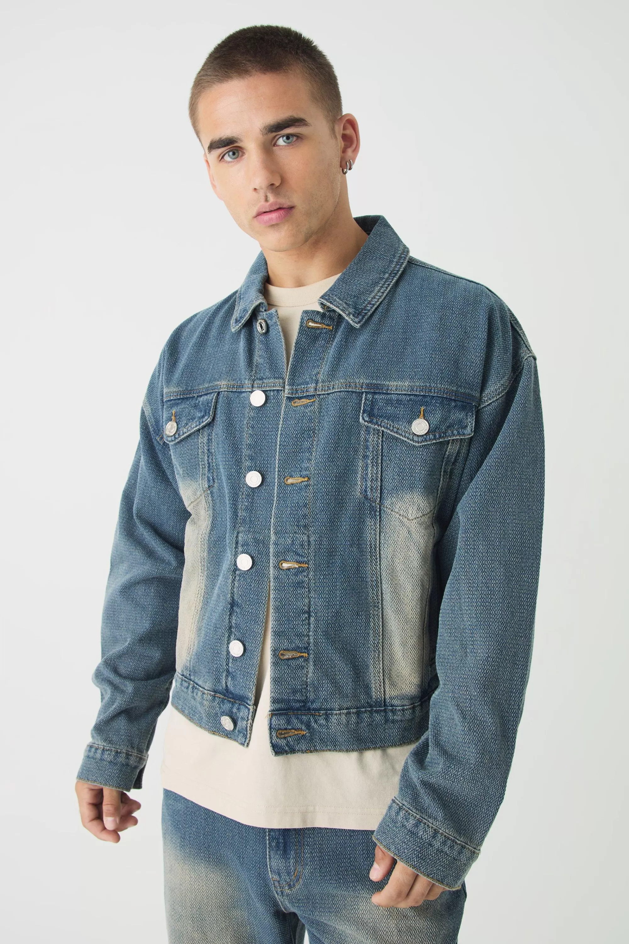 boohooMAN Boxy Herringbone Fabric Interest Denim Jacket | UK