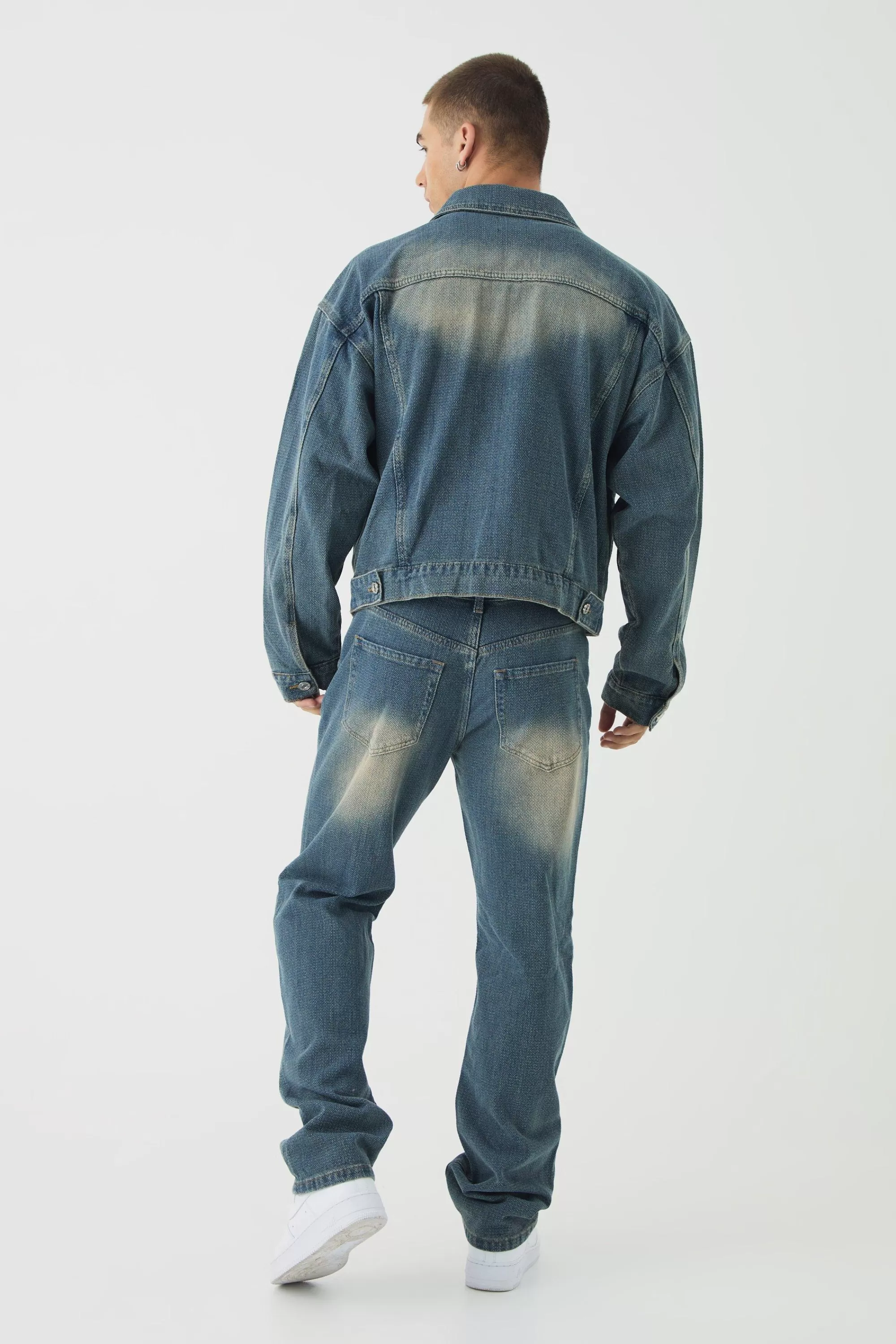 boohooMAN Boxy Herringbone Fabric Interest Denim Jacket | UK
