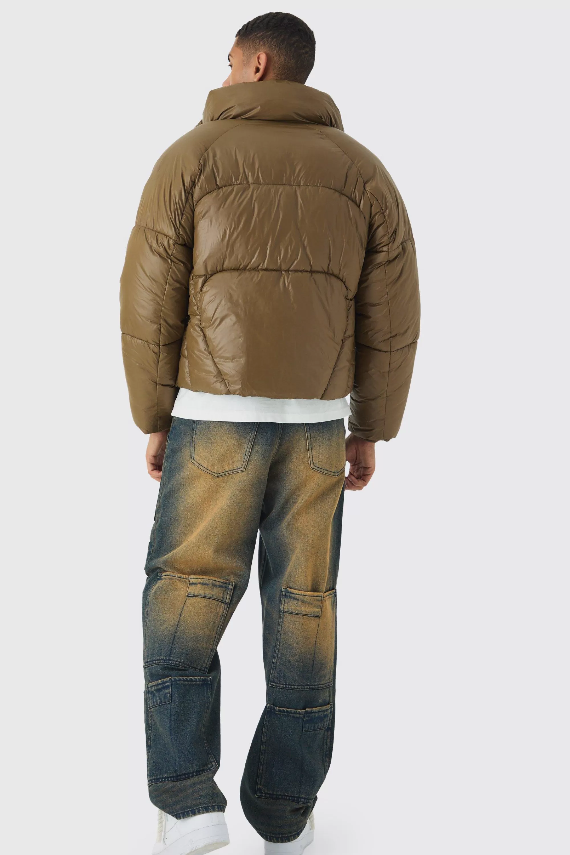 boohooMAN Boxy High Shine Nylon Abstract Quilted Funnel Neck Puffer In | UK