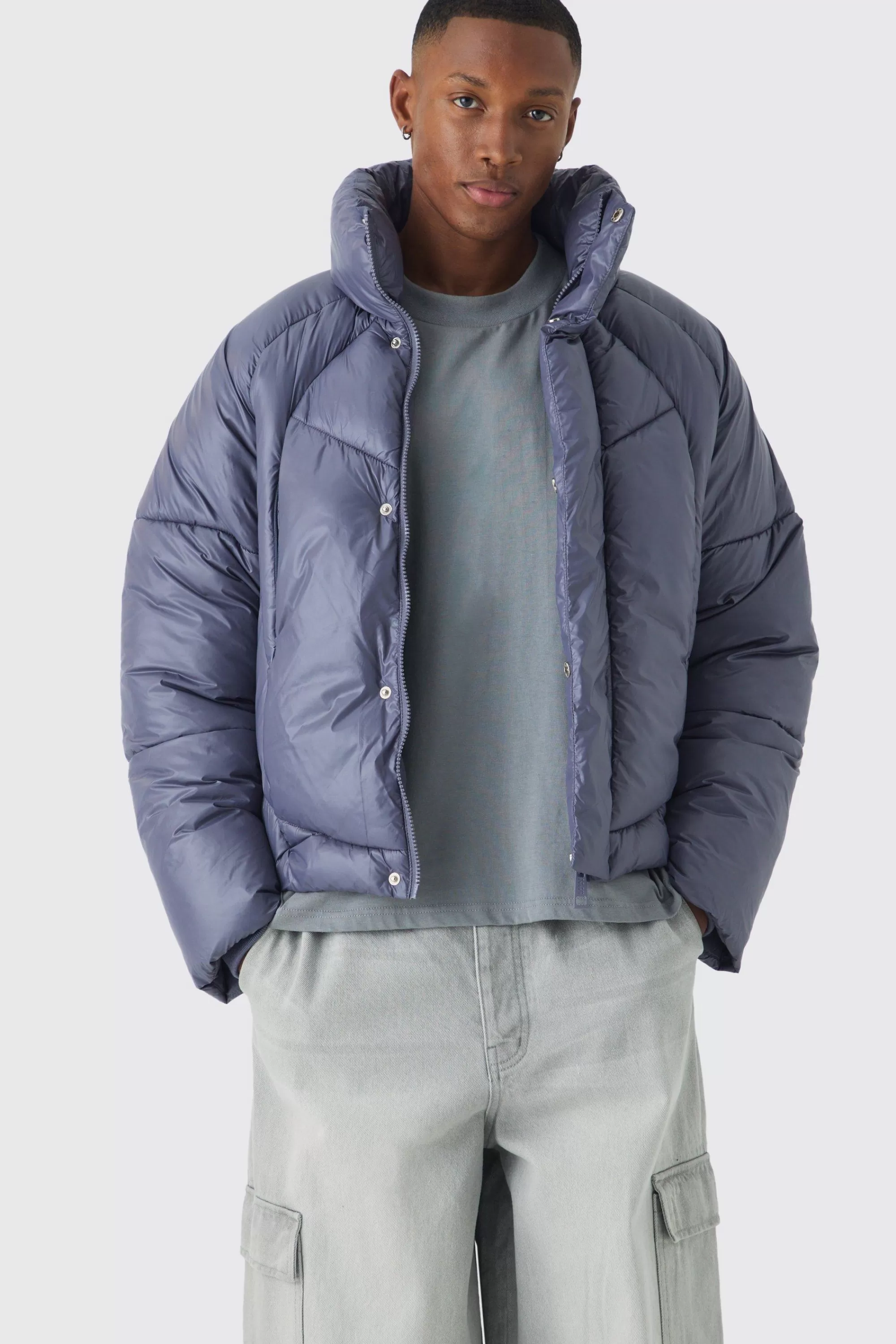 boohooMAN Boxy High Shine Nylon Abstract Quilted Funnel Neck Puffer In | UK