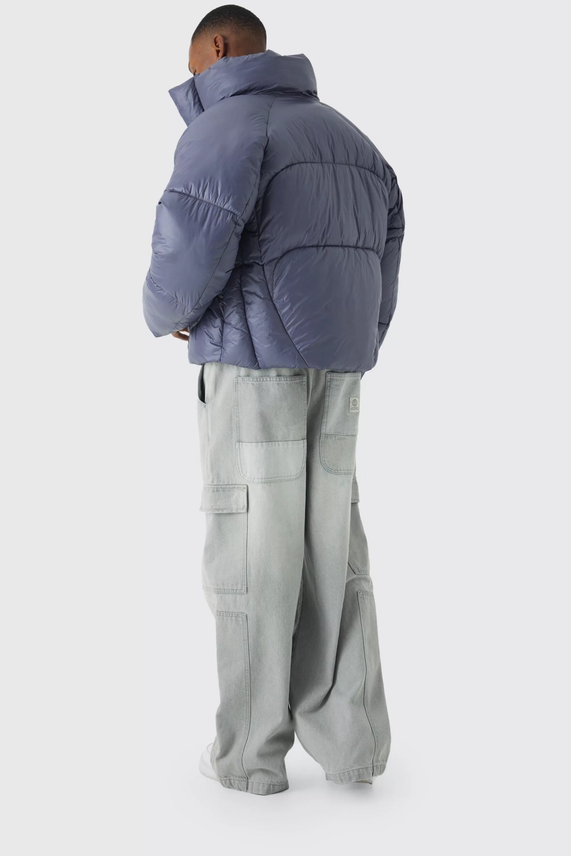 boohooMAN Boxy High Shine Nylon Abstract Quilted Funnel Neck Puffer In | UK