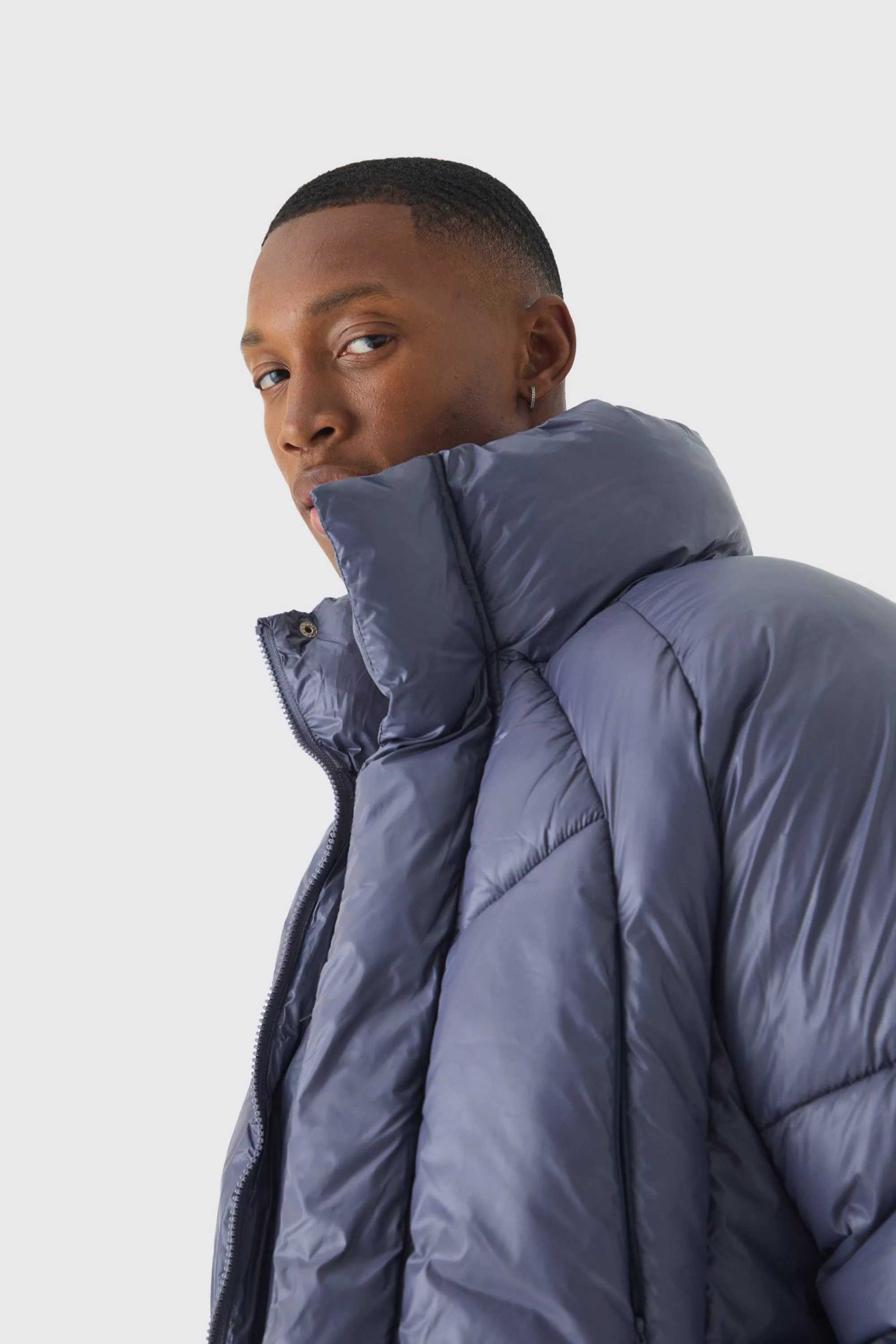 boohooMAN Boxy High Shine Nylon Abstract Quilted Funnel Neck Puffer In | UK