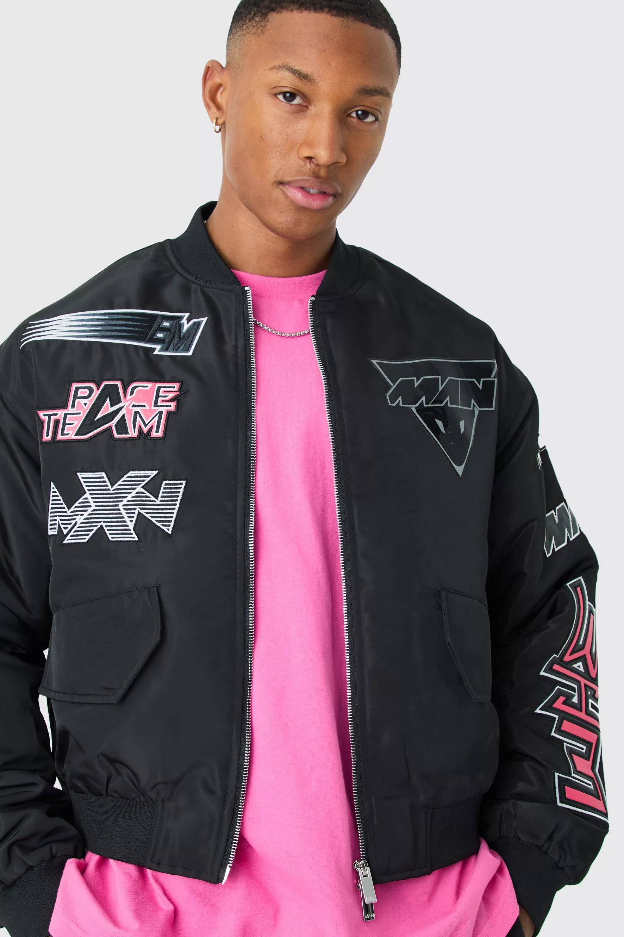 boohooMAN Boxy High Shine Nylon Moto Bomber | UK