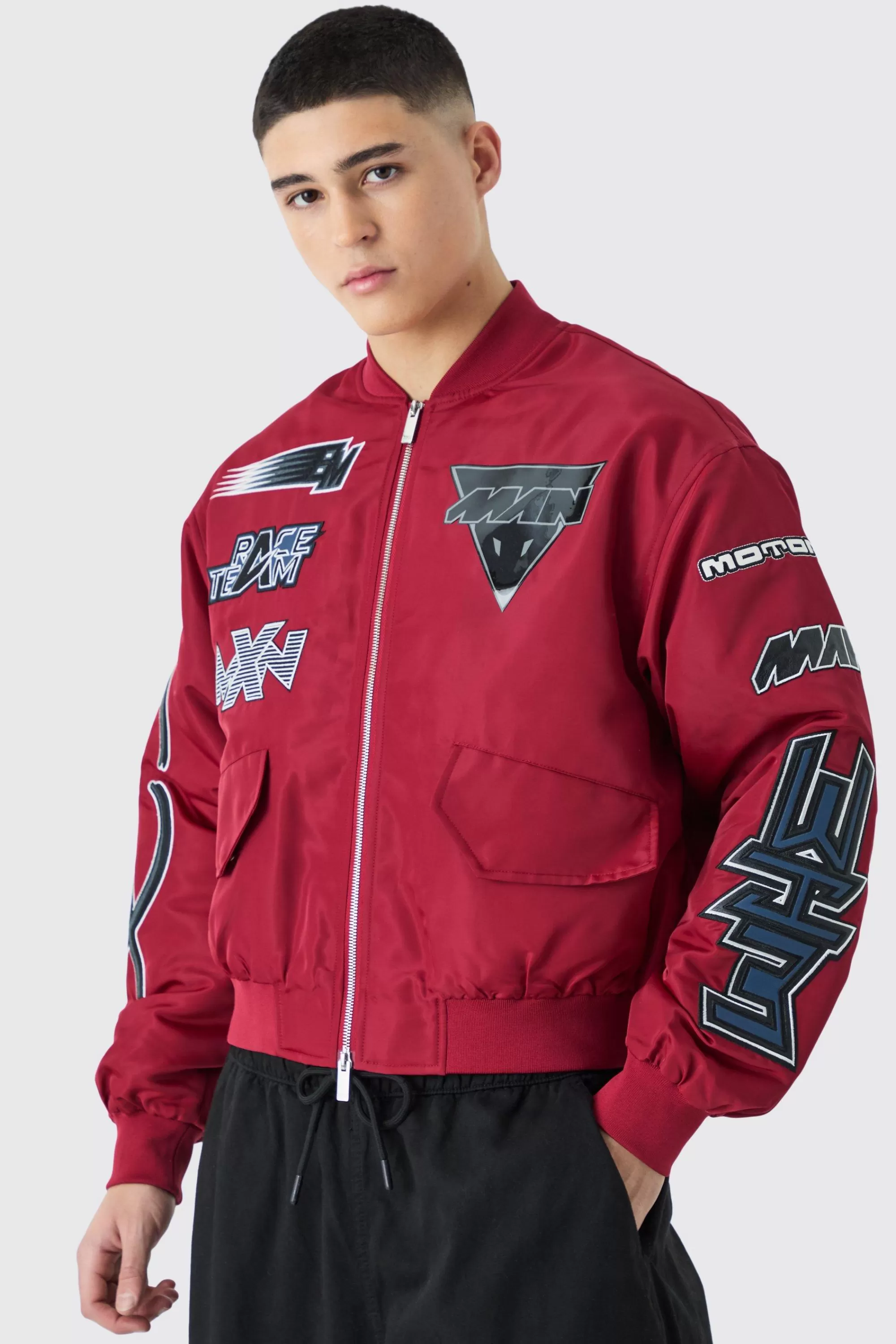 boohooMAN Boxy High Shine Nylon Moto Bomber | UK