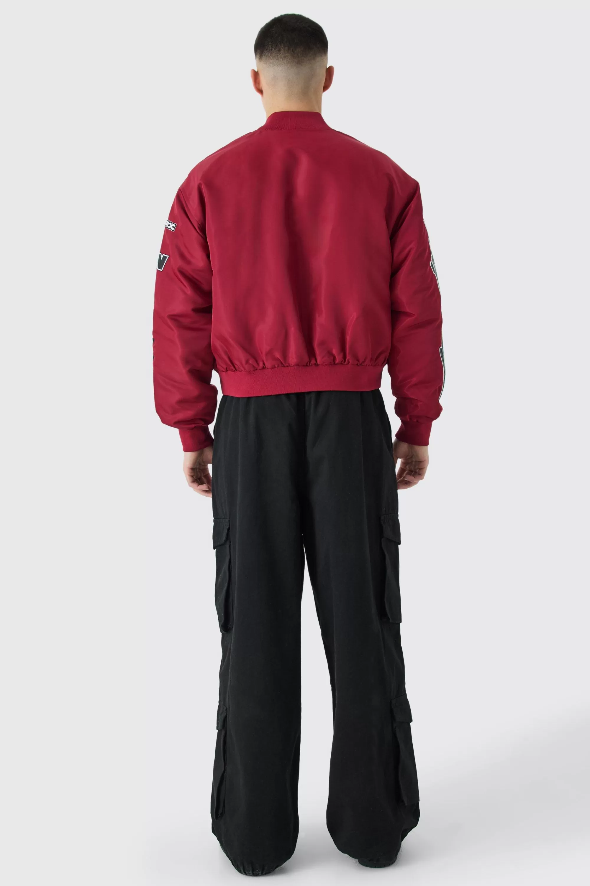 boohooMAN Boxy High Shine Nylon Moto Bomber | UK