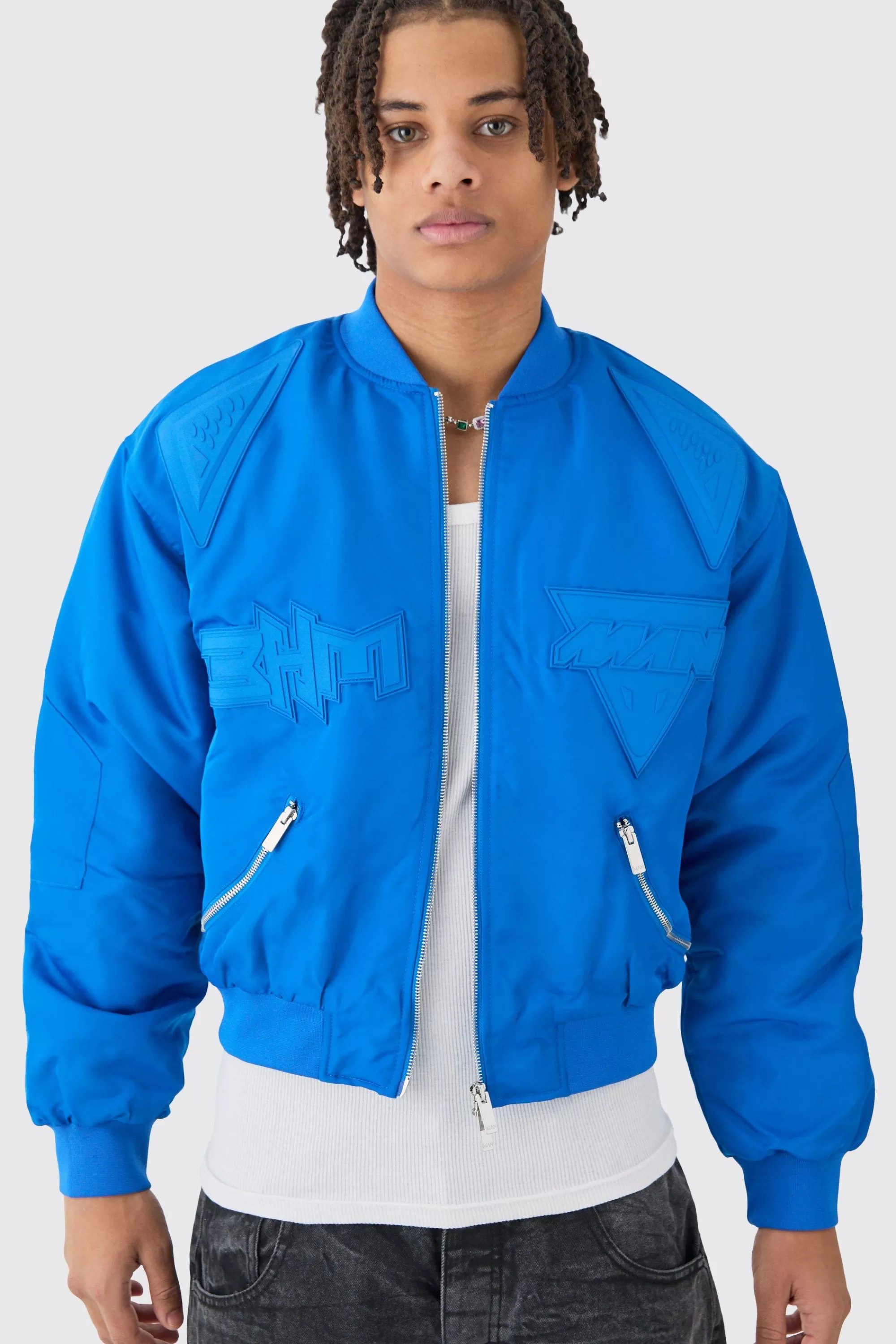 boohooMAN Boxy High Shine Tonal Nylon Moto Bomber | UK