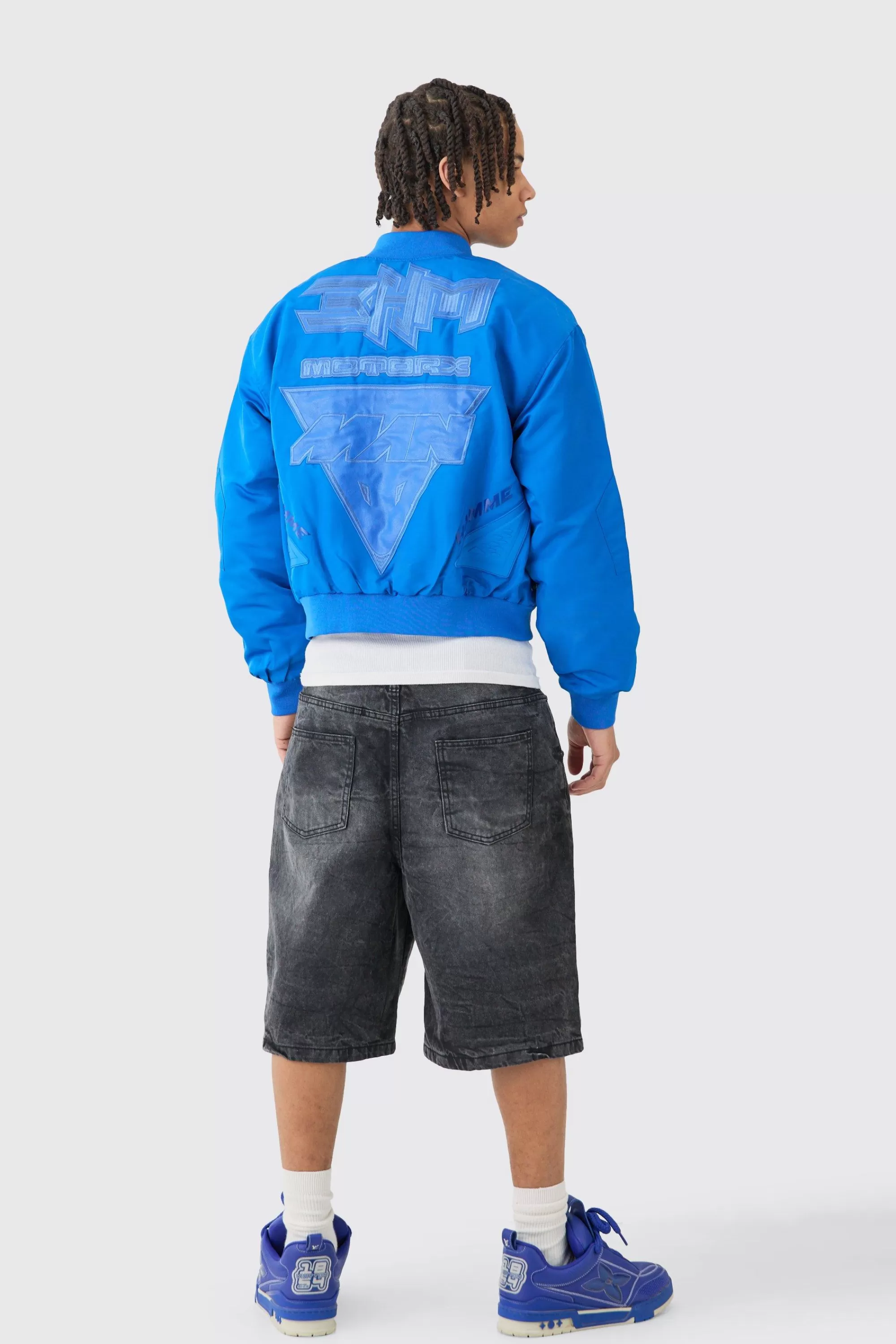 boohooMAN Boxy High Shine Tonal Nylon Moto Bomber | UK