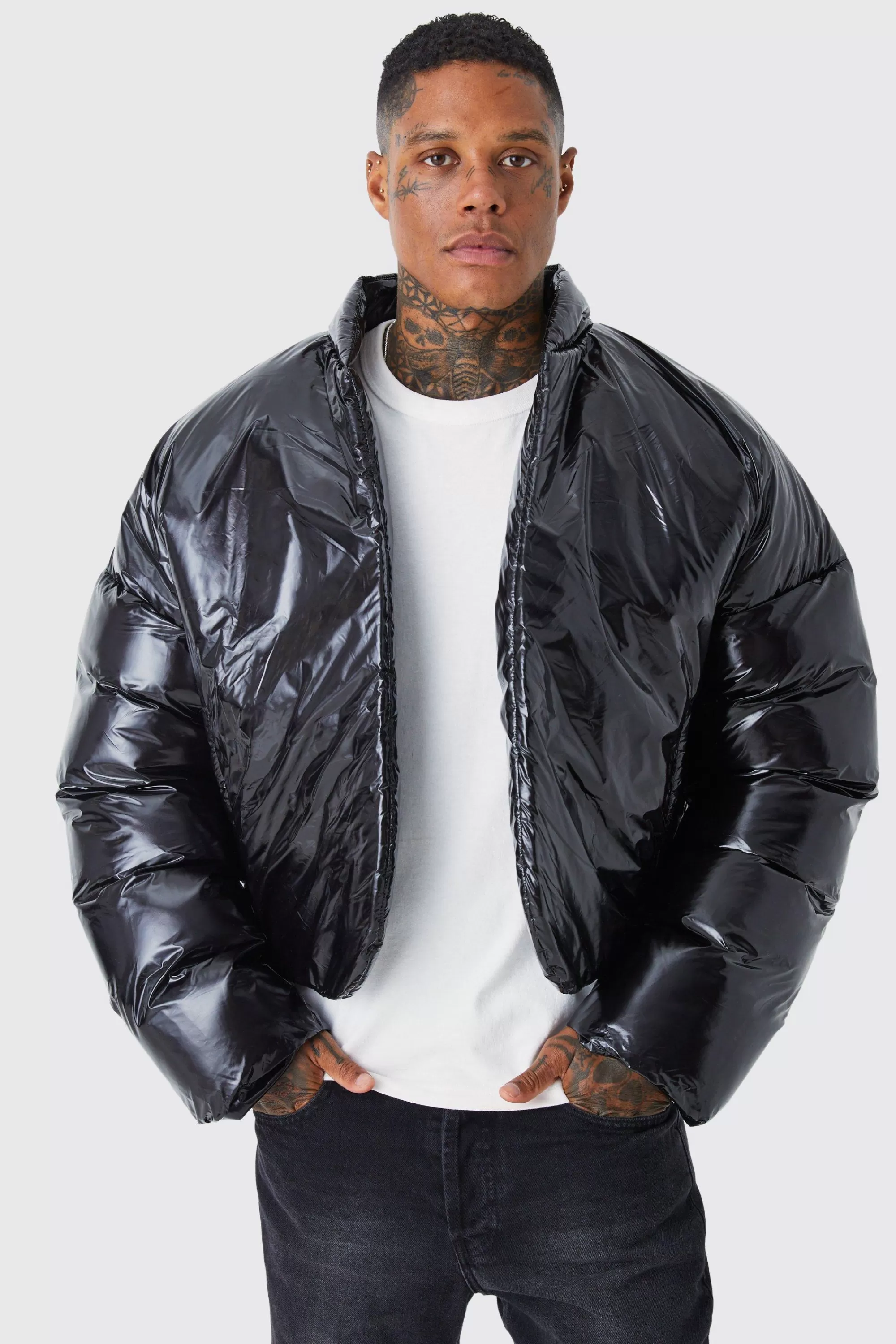 boohooMAN Boxy High Shine Volume Padded Puffer Bomber | UK