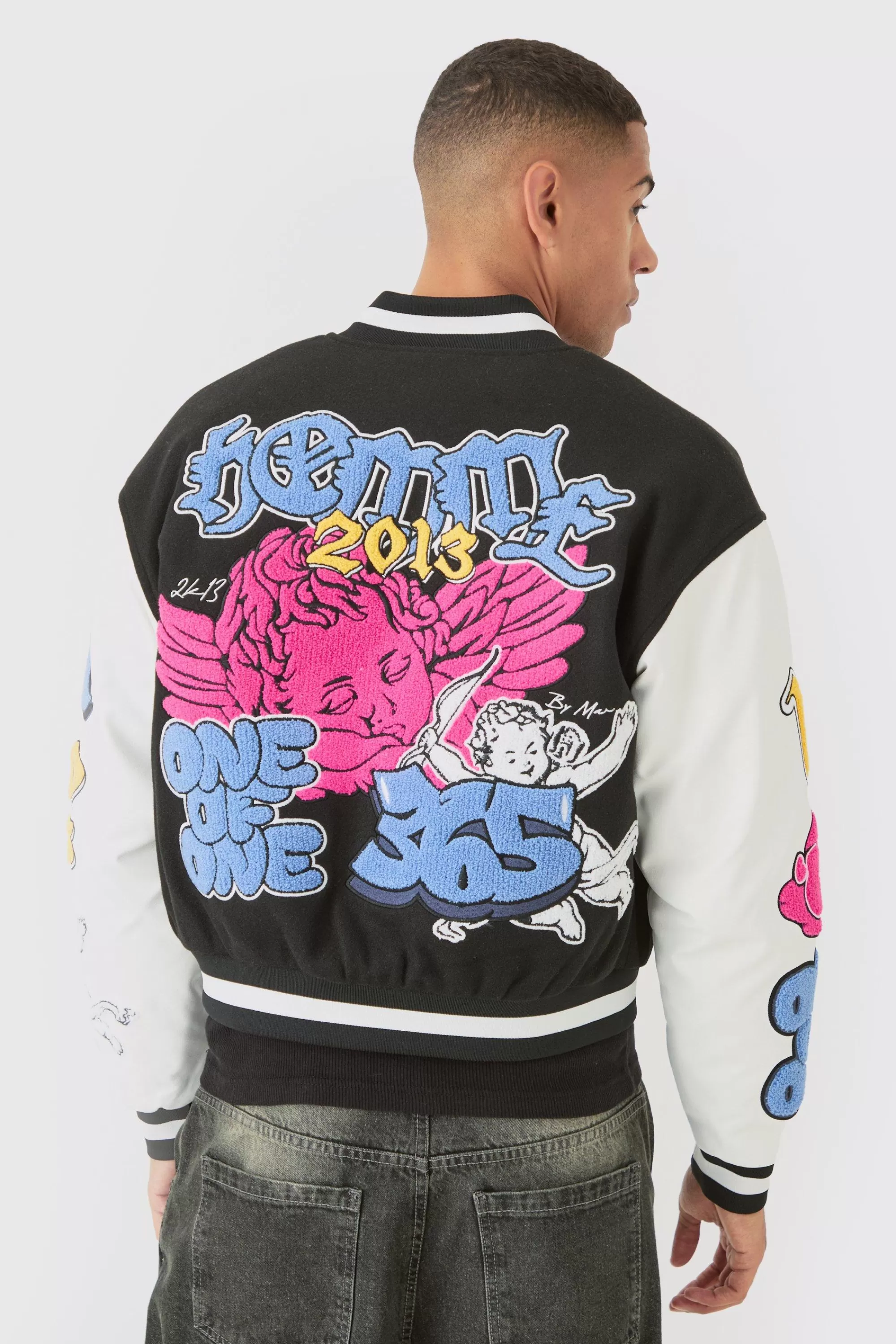 boohooMAN Boxy Homme Badge PU Sleeve Varsity Jacket In | UK